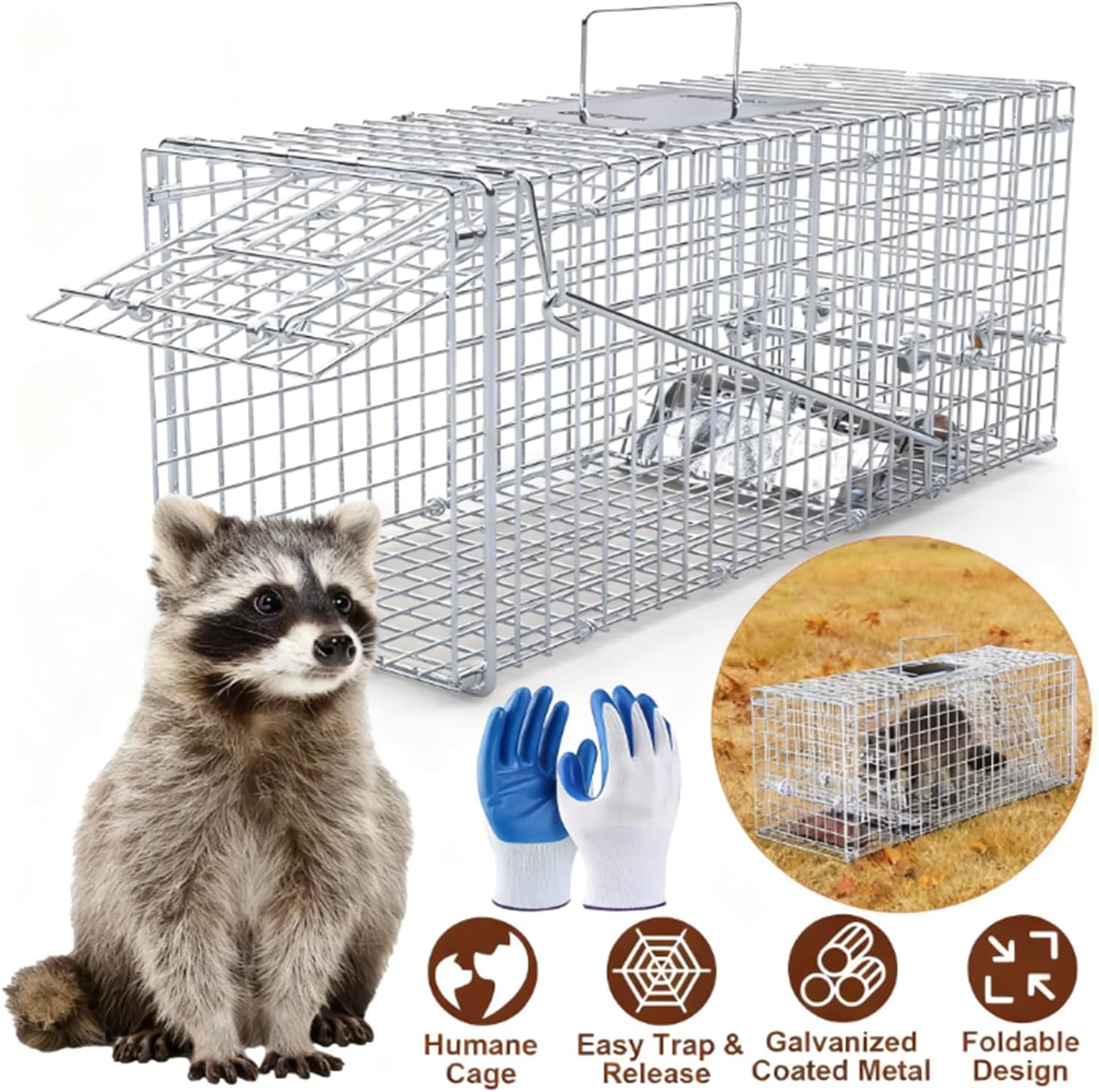 Large Live Animal Trap Cage Humane Collapsible Trap | Galvanized Iron Outdoor Foldable Animal Cage for Raccoons Foxes Coyotes Stray Dogs Armadillos - Image 2