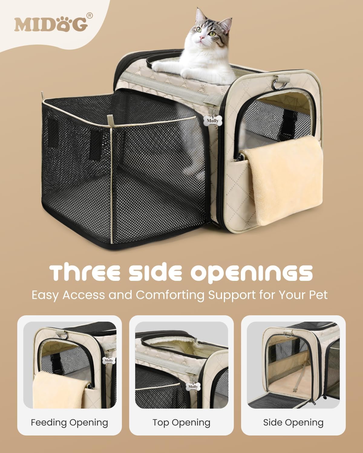 MIDOG Cat Carrier Soft for Small-Medium Cats Up to 15lbs, Airline Approved | Expandable Square Design,Comfort & Breathable Window,Equipped with anti-slip lock zippers and an internal safety leash - Image 3