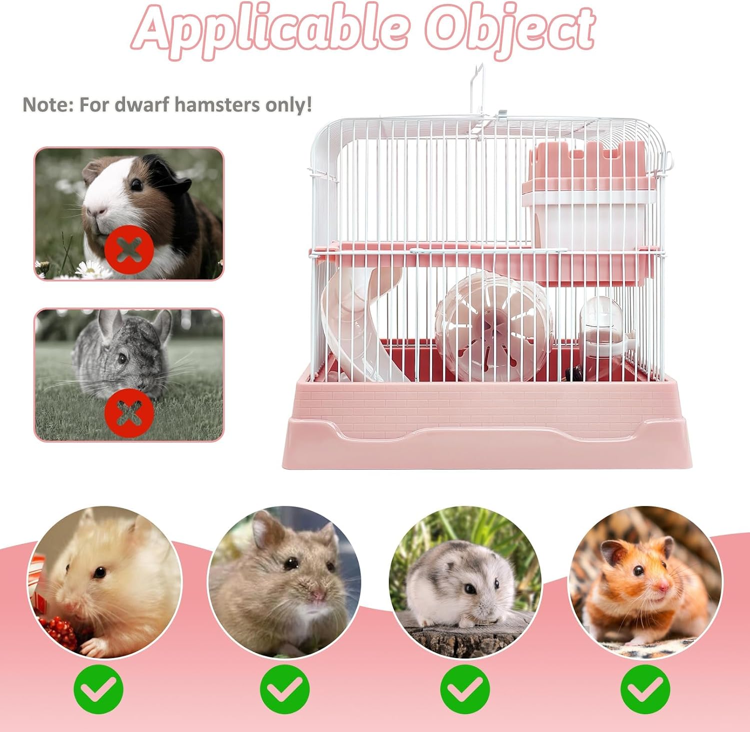 PINVNBY 2-Tier Dwarf Hamster Cage, Travel Portable Guinea Pig Cages Rat Cage and Habitats Small Animal Carrier with Castle House Running Exercise Wheels, Water Bottle and Food Dish (Pink - Image 6