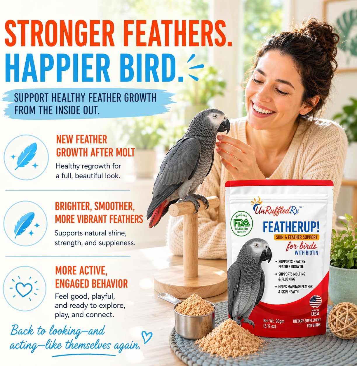 UnRuffledRx FeatherUp! Bird Molting Support & Feather Growth Supplement - for Plucking, Regrowth & Molt - Multivitamin & Amino Acids for All Birds - 90g (240 Servings) - Image 3