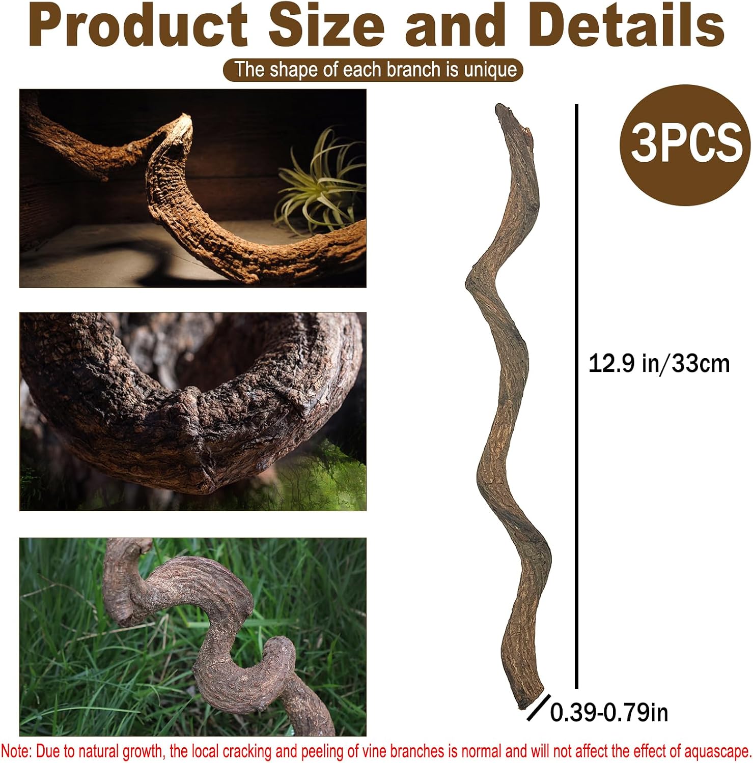 Reptile Decor 3PCS Natural Forest Branch Terrarium Habitat Decoration Lizard Climbing Tree Branch for Bearded Dragon Gecko Snake Frog Chameleon Spider - Image 5