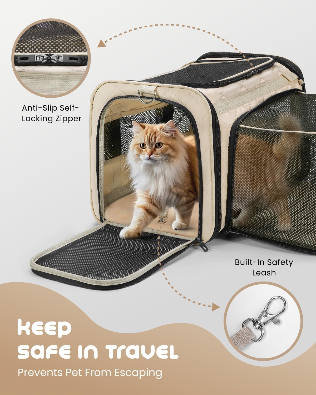 MIDOG Cat Carrier Soft for Small-Medium Cats Up to 15lbs, Airline Approved | Expandable Square Design,Comfort & Breathable Window,Equipped with anti-slip lock zippers and an internal safety leash - Image 4
