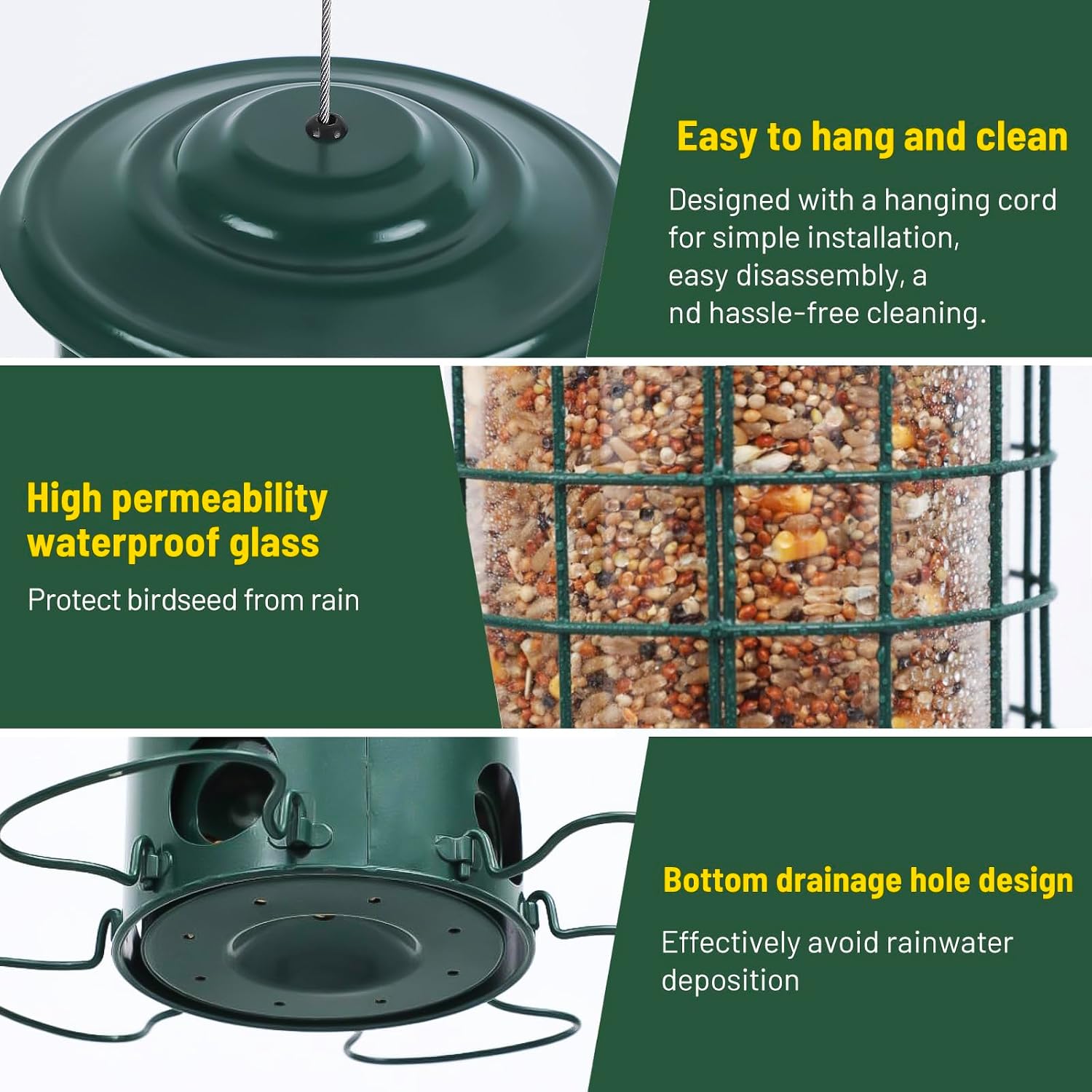 Squirrel Proof Bird Feeder, Weight Activated Outdoor Hanging Metal Bird Feeder, Bite Proof, Weatherproof, Durable, Suitable for Chickadees, Goldfinches, Cardinals, 4.4LB Large Capacity, Green - Image 4