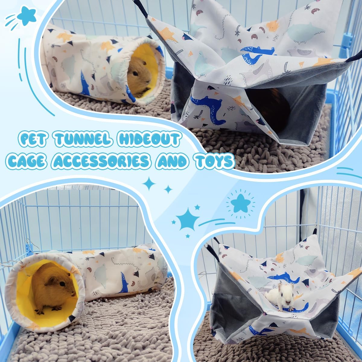 Large Caliber Guinea Pig & Rat Tunnel Hideout & Hammock, Corner Hideout Toy for Guinea Pig, Ferret, Hedgehog & Piggy to Hide and Shuttle (1. Hammock&Tunnel-Dinosaur) - Image 2