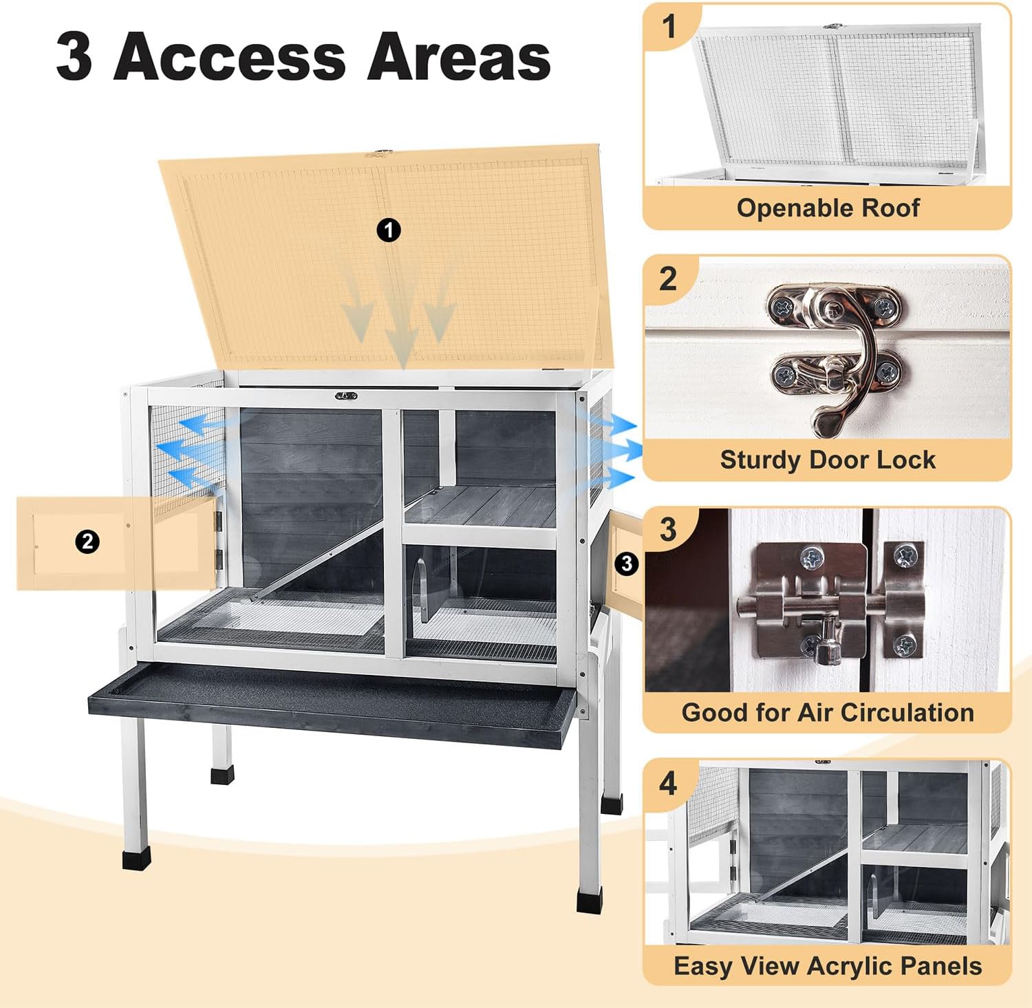 2-Story Guinea Pig Cage with Stand, Indoor Wooden Hamster Cage with Ramp, Pull-Out Tray, Hideout & Platform, Acrylic Transparent Small Animal Habitat for Chinchillas, Ferrets, Hedgehogs,Grey - Image 6