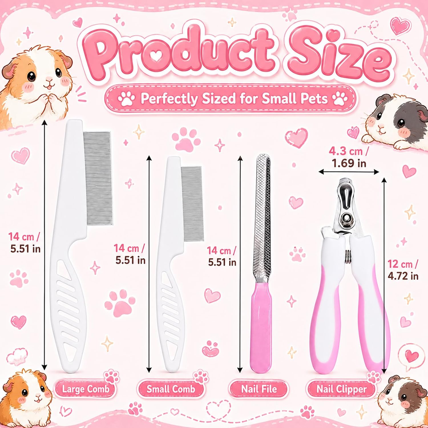 Guinea Pig Brush Kit Hamster Cleaning Grooming Comb with Nail Clipper Trimmer, Nail Files - Professional Small Animal Grooming Tool for Rabbit, Bunny, Puppy, Kitten, Ferret - Image 2