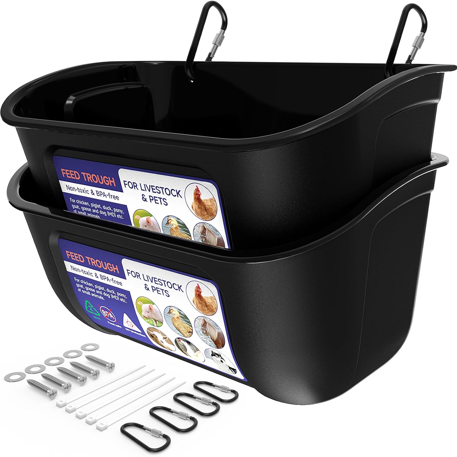 Goovilla Chicken Feeder Waterer, Hanging or Screw-in Fence Feeders with Clips, 2 Pack 5 Quart Goat Feeding Supplies, Duck Piglet Sheeple Coop Dog Livestock Poultry Plastic Feeder Trough Bucket, Black