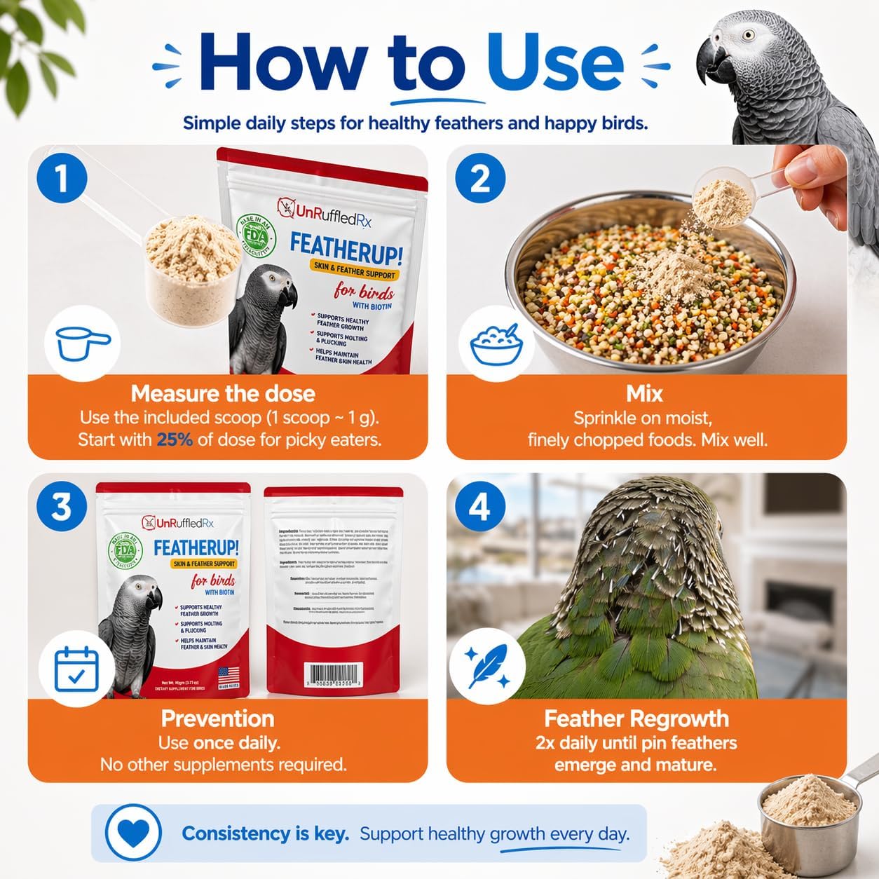UnRuffledRx FeatherUp! Bird Molting Support & Feather Growth Supplement - for Plucking, Regrowth & Molt - Multivitamin & Amino Acids for All Birds - 90g (240 Servings) - Image 6