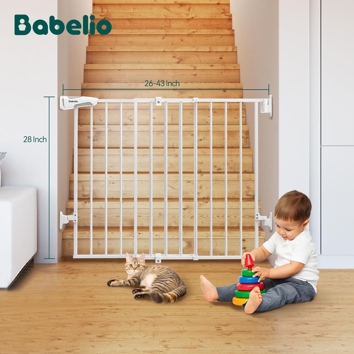 Babelio Baby Gate for Stairs, Kitchen & Doorways, 26-43" W 28" H No Bottom Bar| Easy Installation| One-Handed Operation| Auto-Close| Hardware Mount (Drill Needed) Safety Dog/Pet Gate Indoor (White) - Image 8