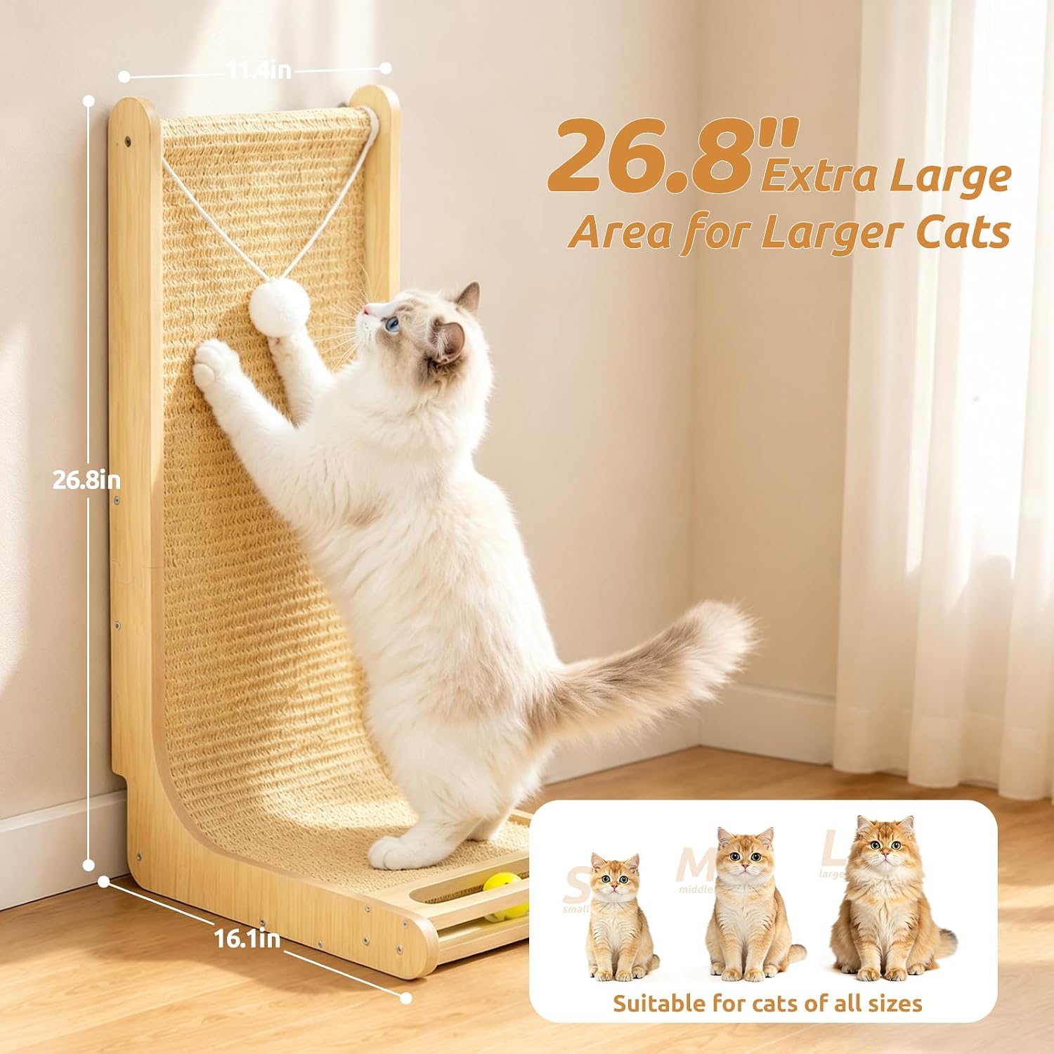 Sisal Cat Scratcher - 26.8" Large Wooden Cat Scratcher Pad with Bell Ball Plush Toy,L Shaped Scratching Post for Indoor Cats Adults,Vertical cat Scratcher Board to Protect Furniture - Image 2