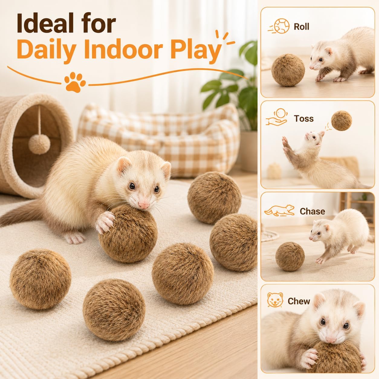 6PCS Furry Ferret Toy Ball, Soft Plush Small Pet Exercise Ball with Cotton Filling, Interactive Chew Toy for Ferrets, Rabbits, Hamsters, Cat, Relieve Boredom & Anxiety - Image 7