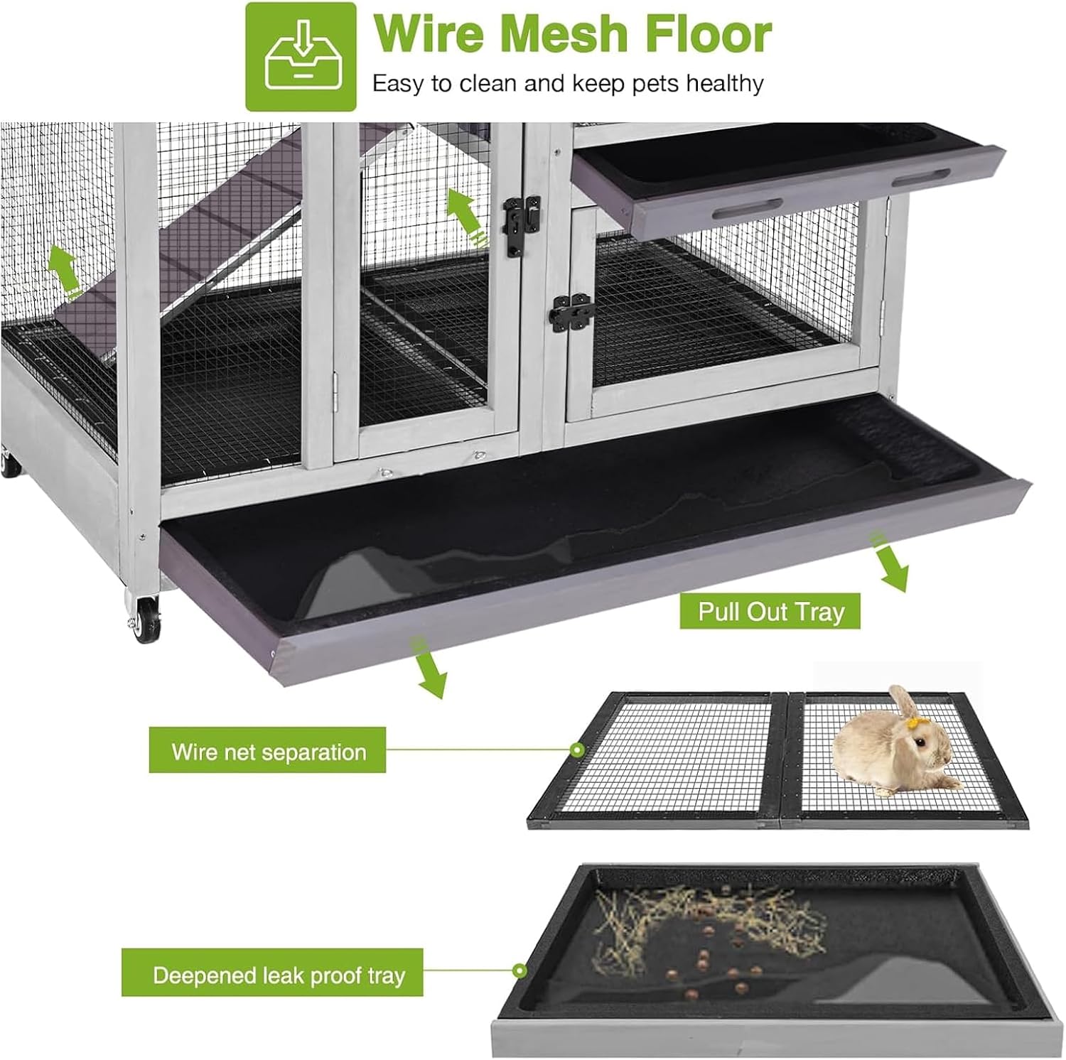 GUTINNEEN Rabbit Hutch Indoor Rabbit Cage with Wire Mesh Floor and Wheels Outdoor Bunny House 2 Story Guinea Pig Cage with Leakproof Asphalt Roof (Higher Version) - Image 2