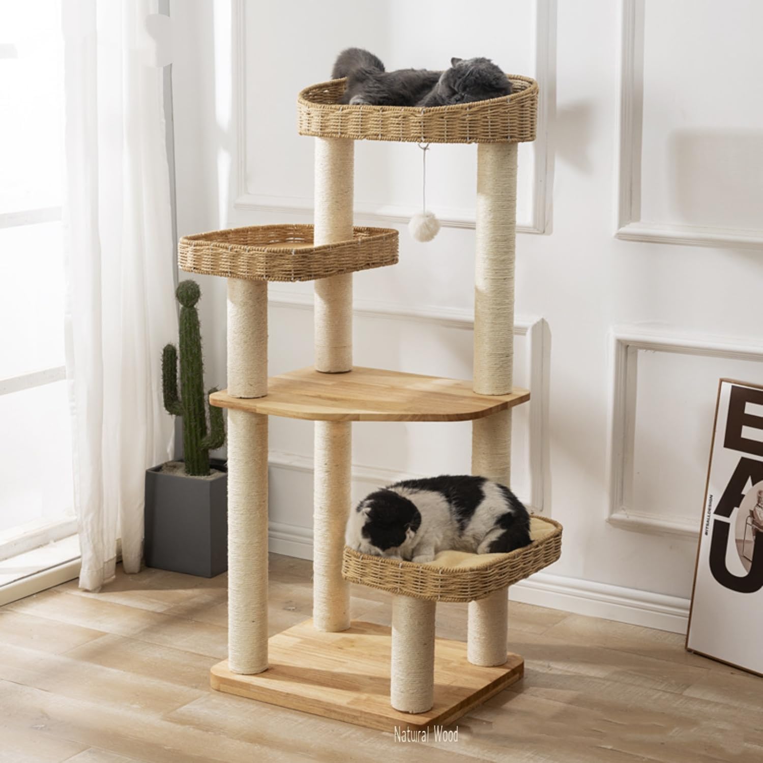 SHENGOCASE Modern Natural Wood Wooden Cat Tree Tower, 3 Large Rattan Wicker Basket Perch Beds with Cozy Cushion Sisal Scratching Post, Window View Design, for Cats up to 20 lbs - Image 2