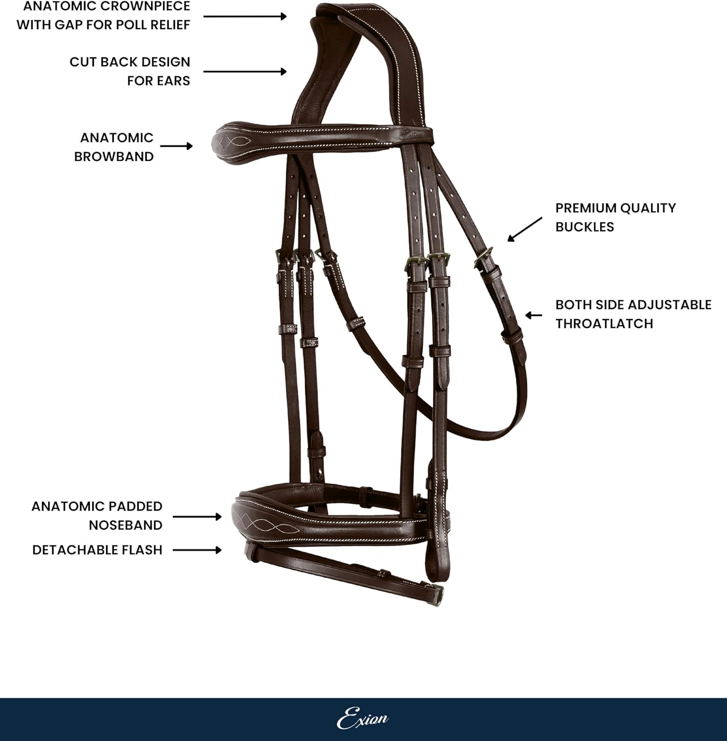 English Horse Bridle with Anatomic Crank Noseband & Detachable Flash | Vegetable Tanned Leather Jumping Bridle, Ergonomic Pressure Relief Crownpiece | Reins Included | Black, Brown - Image 2