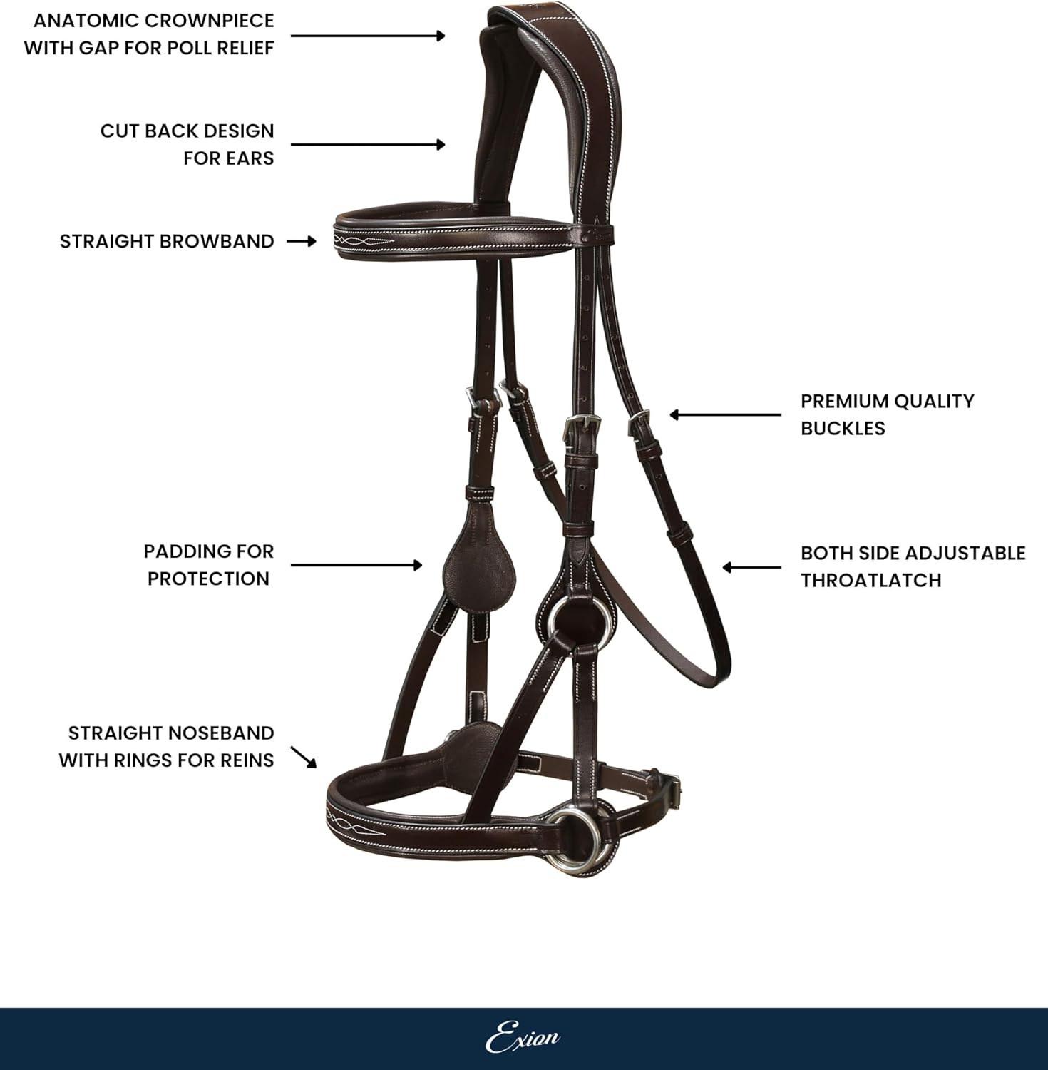 Exion ‘Astra’ Sidepull Bitless Bridle for Horses – Fancy Stitched Padded Leather with Anti-Pressure Crown, Rubber Reins, Stainless Hardware – Black, Brown, Oak | Cob, Full, Oversize, Pony - Image 3