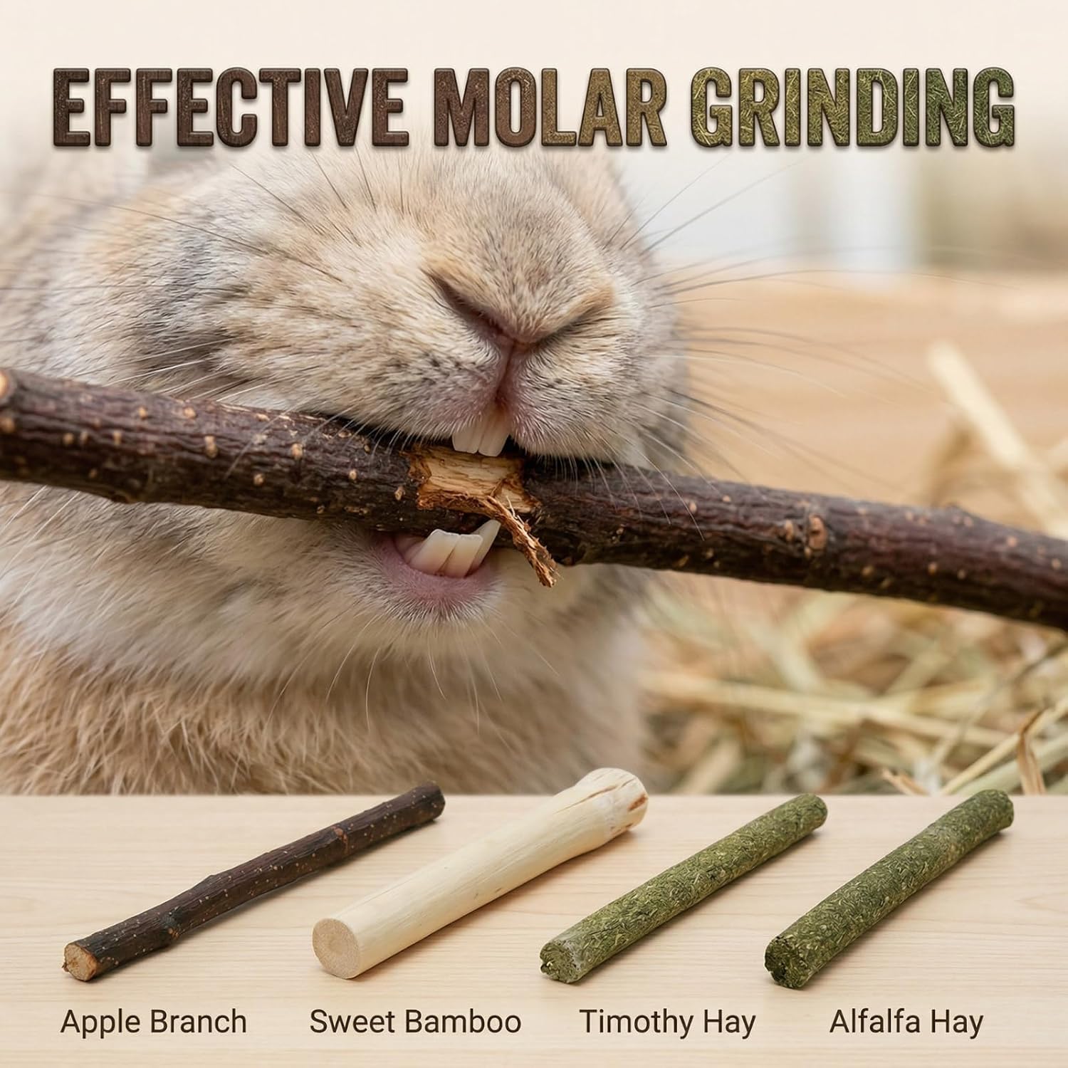 Bunny Chew Stick Rabbit Toy Treat 140g 4 in 1 Molar Stuff Organic Natural Snack Apple Branch Sweet Bamboo Timothy Hay Alfalfa Food Clean Teeth Hamster Chinchilla Parrot Gerbil Squirrel - Image 3