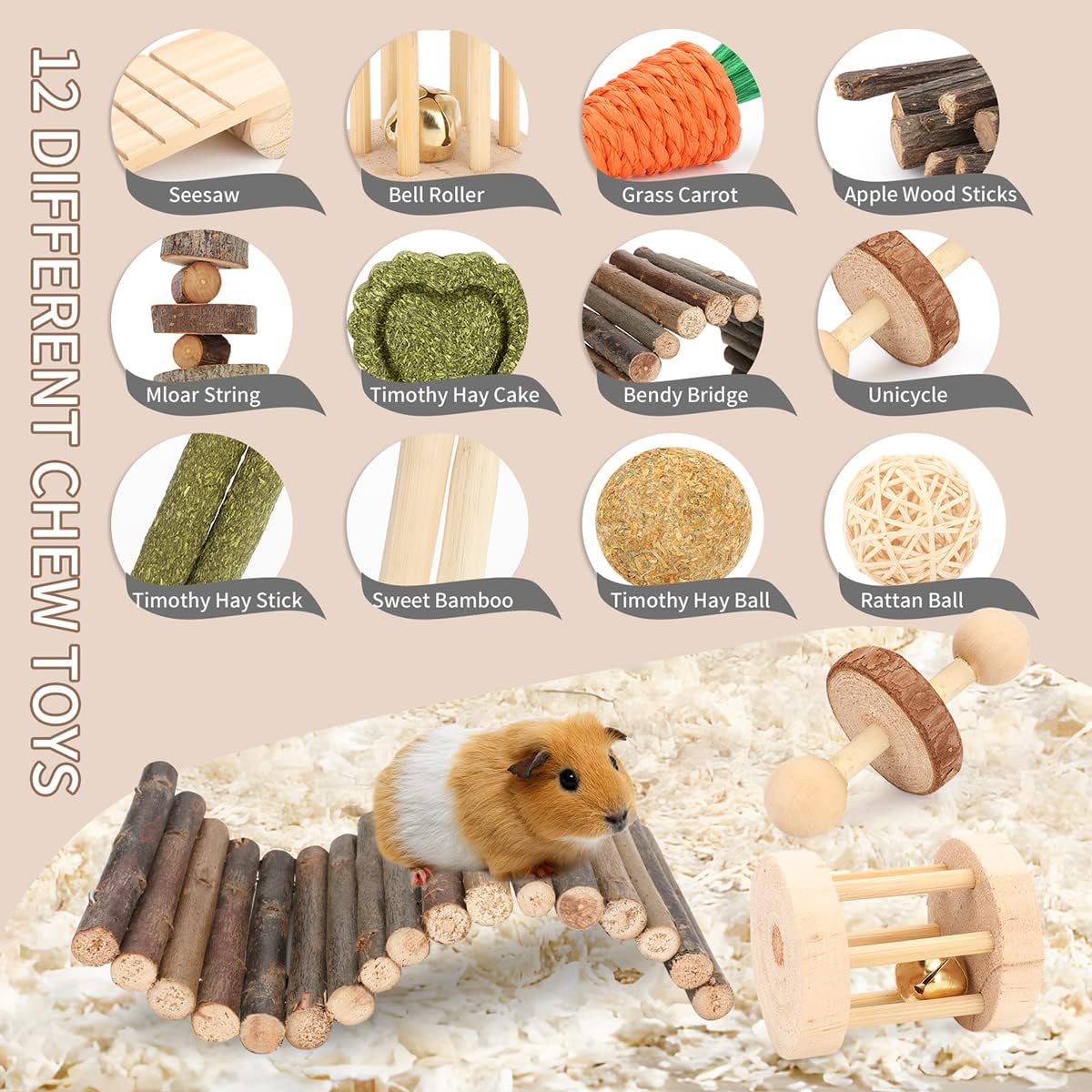 Hamster Toys Guinea Pig Toys Hamster Wheel Hamster Cage Accessories Small Animal Molar Chew Toys for Chinchillas,Gerbils,Mice,Rats,Mouse,Rabbit,Bunny Hideout Seesaw (12 Different chew Toys) - Image 4