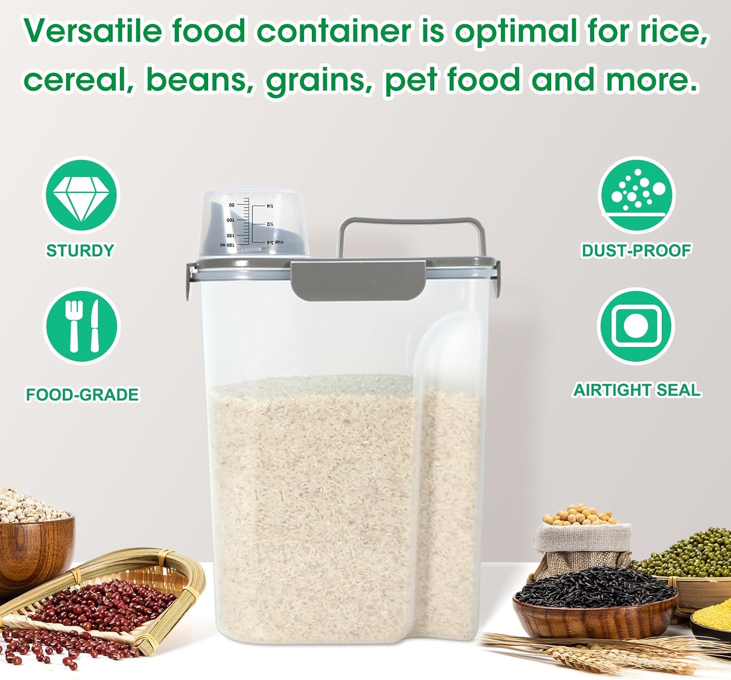 TBMax Airtight Rice Container 10 Lbs, Cereal Dispenser, Pet Cat Dog Food Storage Container, Plastic Kitchen Pantry Food Storage Holder with Cup -Dark Grey - Image 6