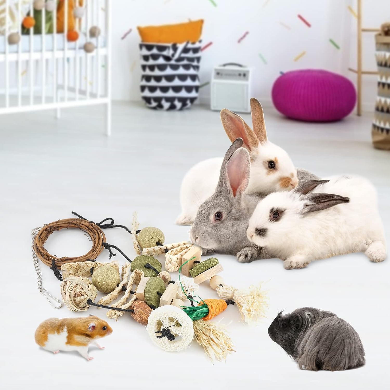 Bissap Bunny Chew Toy, Rabbits Cage Hanging Chew Toys and Treats Grapevine Wreaths Rattan Ring with Snacks for Guinea Pigs Chinchillas Hamsters Rats and Other Small Pets Teeth Grinding - Image 7