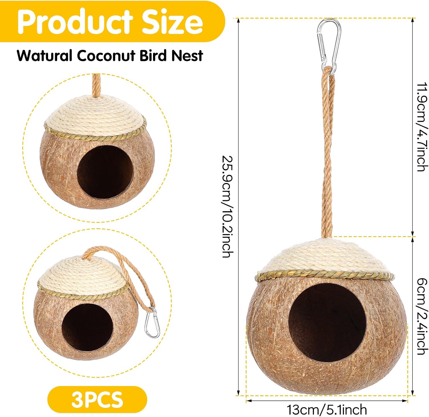 3 Pcs Natural Coconut Bird Hide Nest Hut for Cage with Woven Straw Bird Parakeet Coconut Fiber Hanging Birdhouse Cage Habitats Decor for Parrot Cockatiel Lovebird Finch Squirrel Hamster - Image 2
