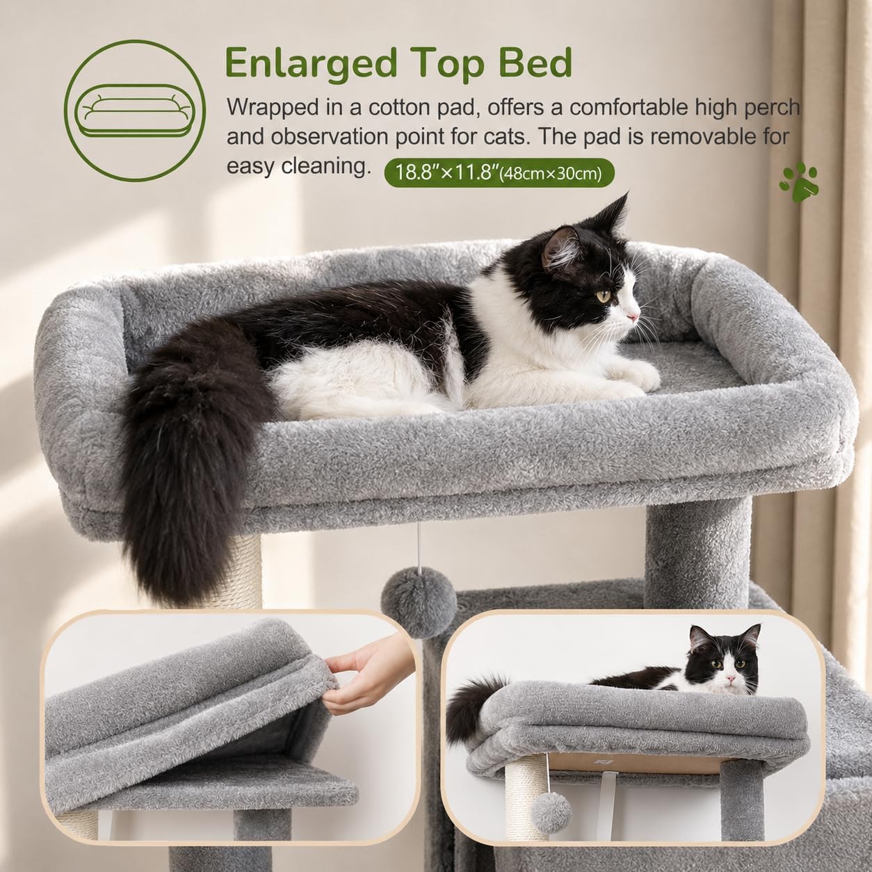 Globlazer Cat Tree Tower with Scratching Post for Indoor Cats, 53inch Tall Plush Multi-Level Cat Climbing Tower Condo House with Large Hammock, Spacious Cat Cave, Padded Top Perch Bed, F53, Light Gray - Image 2