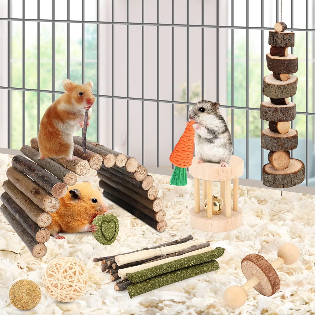 Hamster Toys Guinea Pig Toys Hamster Wheel Hamster Cage Accessories Small Animal Molar Chew Toys for Chinchillas,Gerbils,Mice,Rats,Mouse,Rabbit,Bunny Hideout Seesaw (12 Different chew Toys) - Image 2