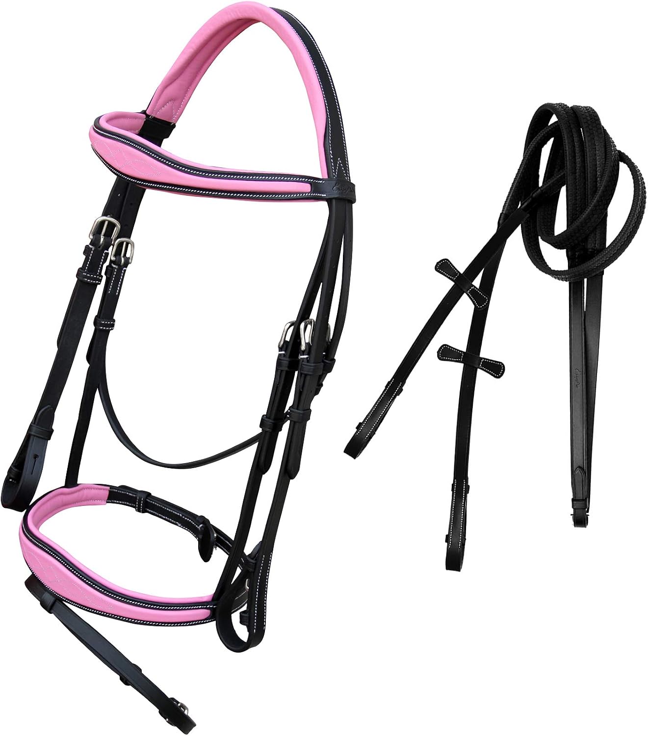 Exion Pink English Bridle with Anatomic Snaffle Noseband & Detachable Flash | Leather Jumping Bridle, Ergonomic Pressure Relief Crownpiece | 16mm Non-Slip Rubber Reins Included | Black Cob Full
