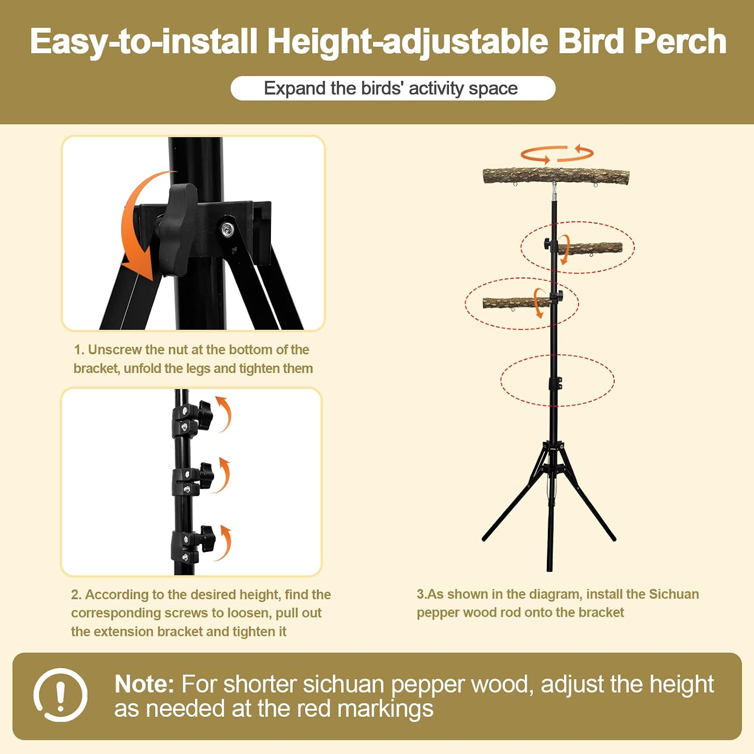 3-Layer 16-63 Inch Height Adjustable Bird Perch Pepper Wood Birds Training Perch Stand Parakeet Perches Indoor and Outdoor Parrot Stands for Small to Medium Bird - Image 3