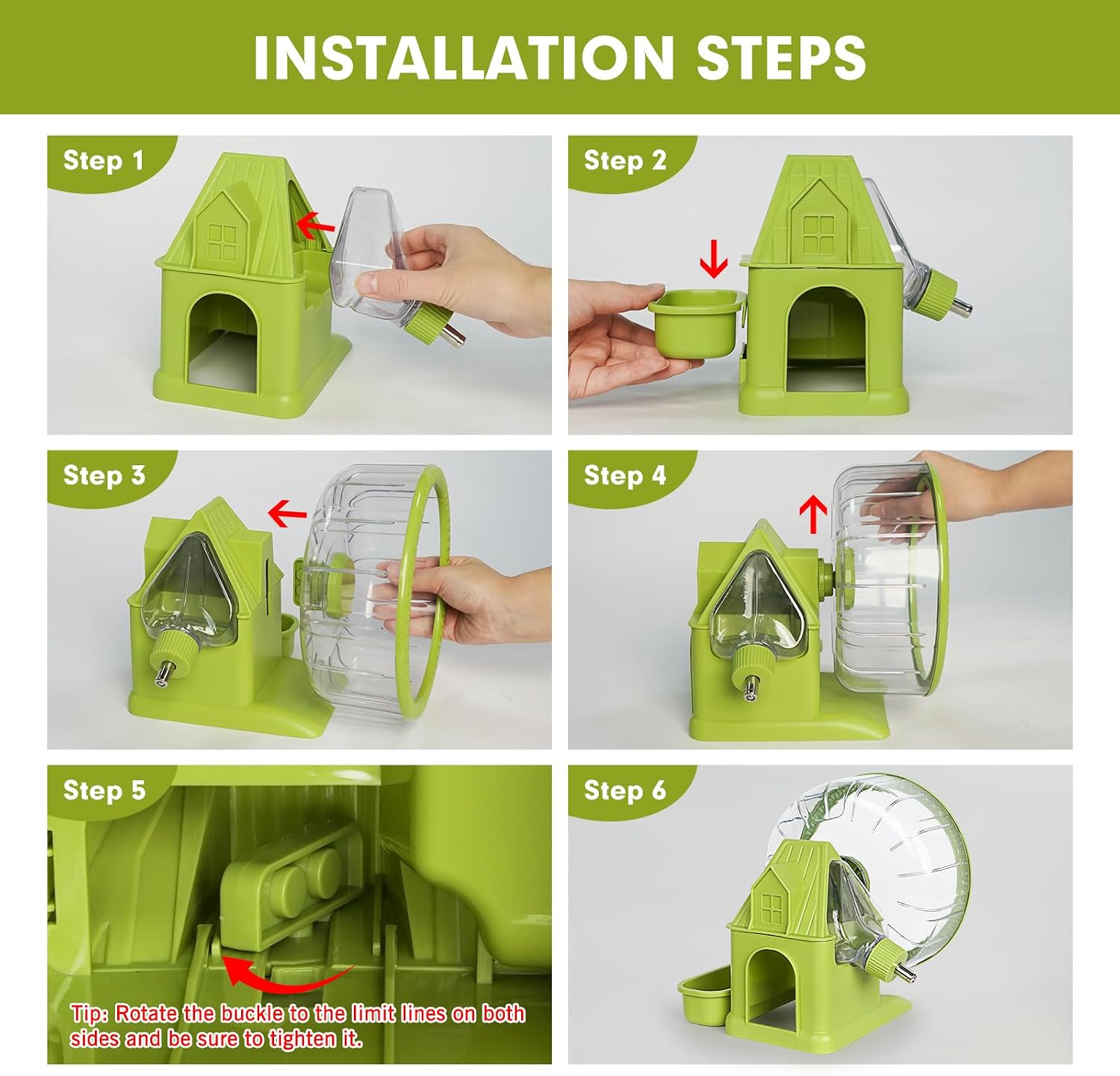 VANNON 4 in 1 Quiet Hamster Exercise Wheel, Multi Functional Hamster House with Running Wheel, Water Bottle, Food Bowl and Hideout, Small Animals Exercise Running Toys for Hamsters Gerbils Mice, Green - Image 2