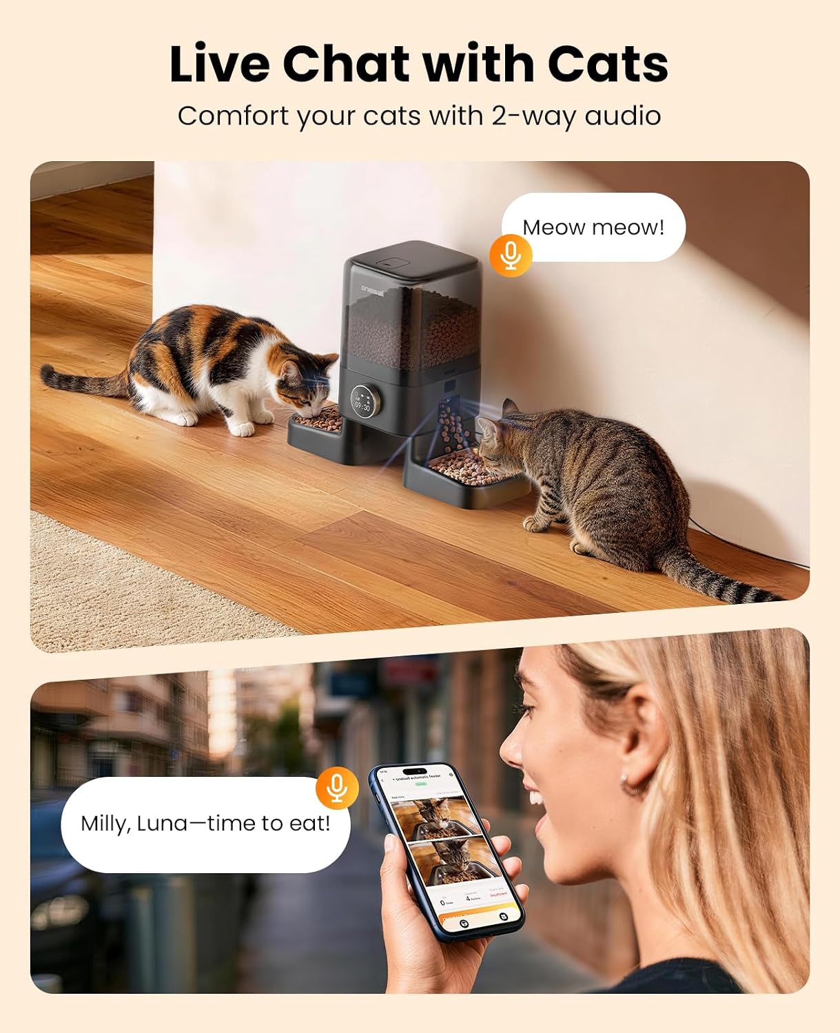 oneisall Automatic Cat Feeder with Camera for 2 Cats, 1080P HD Night Vision, 20 Cups/5L Cat Feeder Automatic, 2-Way Audio, Motion-Activated Alerts, 5G WiFi APP Remote Control Pet Feeder - Image 4