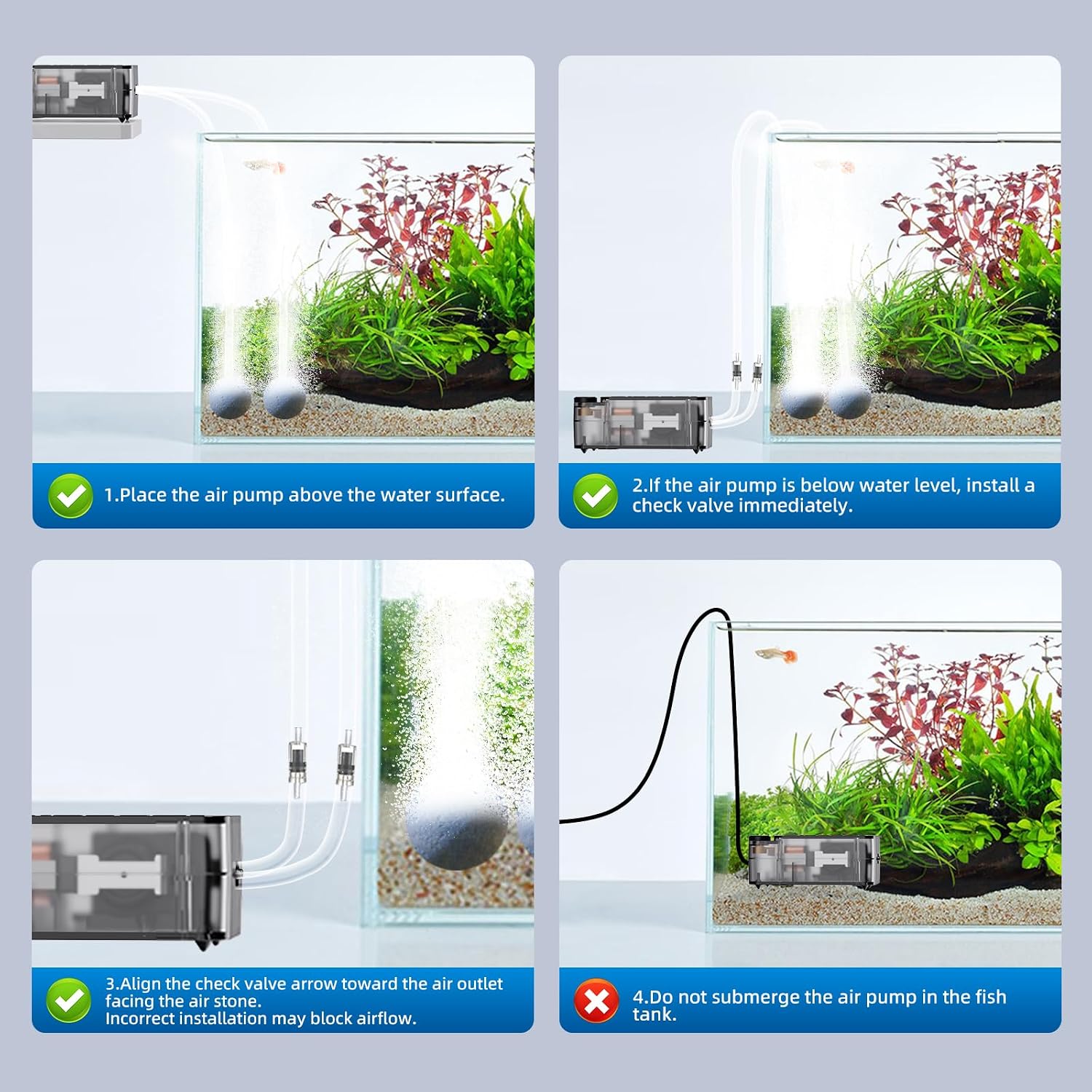 AQUASMITH Aquarium Air Pump,Ultra-Quiet/Small Size/More Output Air Pump for Fish Tank 1.5w/29GPH/14Kpa,with Air Stone Bubbler,Adjustable Airflow,Single Outlet Suitable for 20-40 Gallon Fish Tank - Image 6