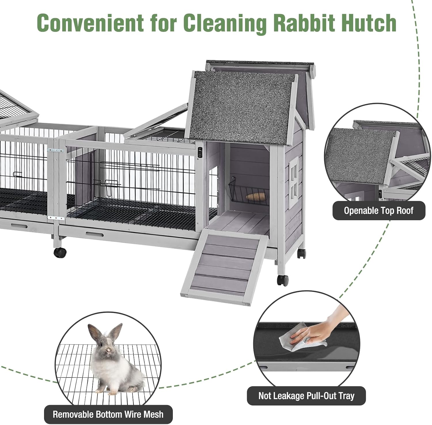 Wooden Rabbit Hutch with Wheels, Indoor Outdoor Bunny Cage with Removable Netting, Guinea Pig House with Leak-Proof Trays - Image 3