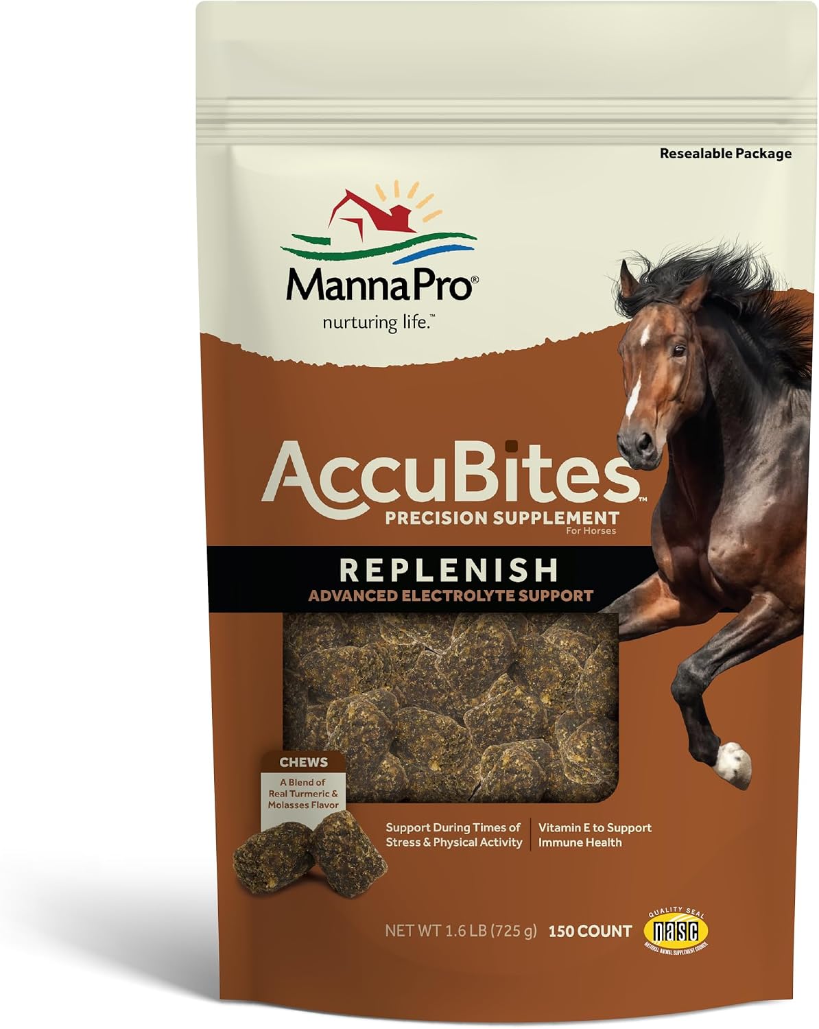 Manna Pro AccuBites Replenish Equine Supplement – Hydration & Immune Support Supplement for Horses – Contains Vitamin E & Turmeric – Turmeric & Molasses Flavored – 1.6 lbs