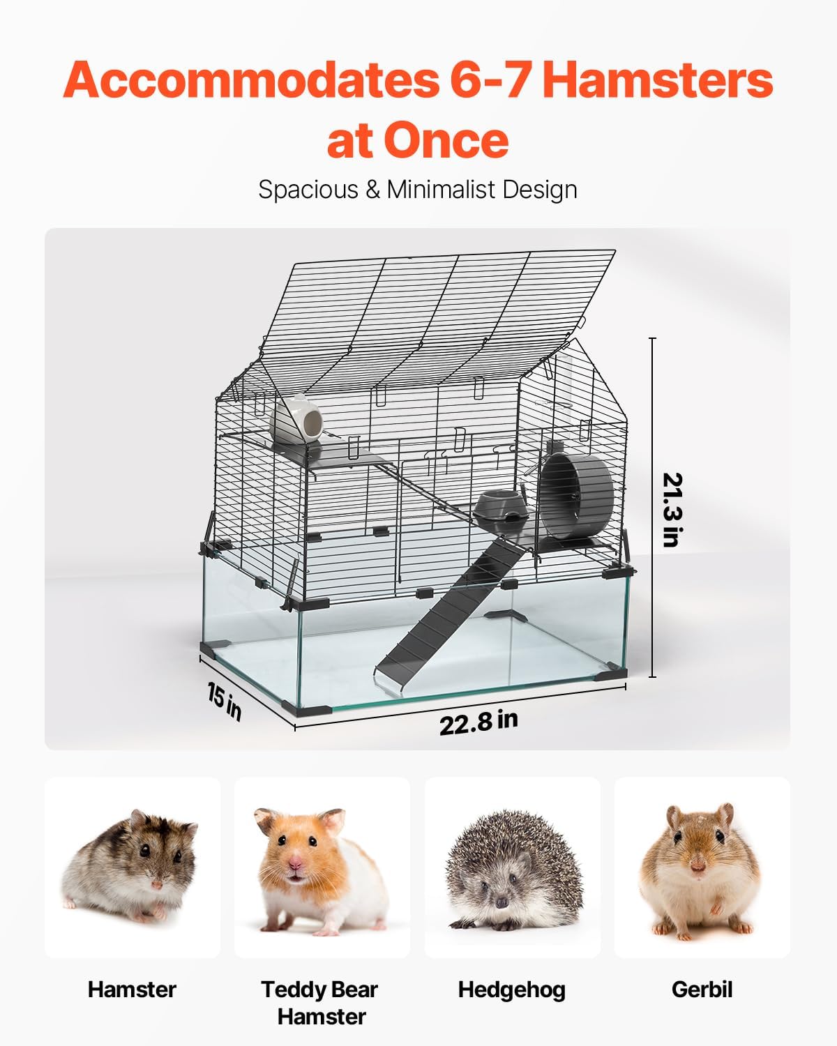 VEVOR Hamster Cage, 360° Viewing Transparent Hamster Habitats, Small Animal Cage, 22.8 x 15 x 21.3 in, Ventilated Pet Mouse Cages with Water Bottle, Portable Hamster House for Rats, Guinea Pigs - Image 3