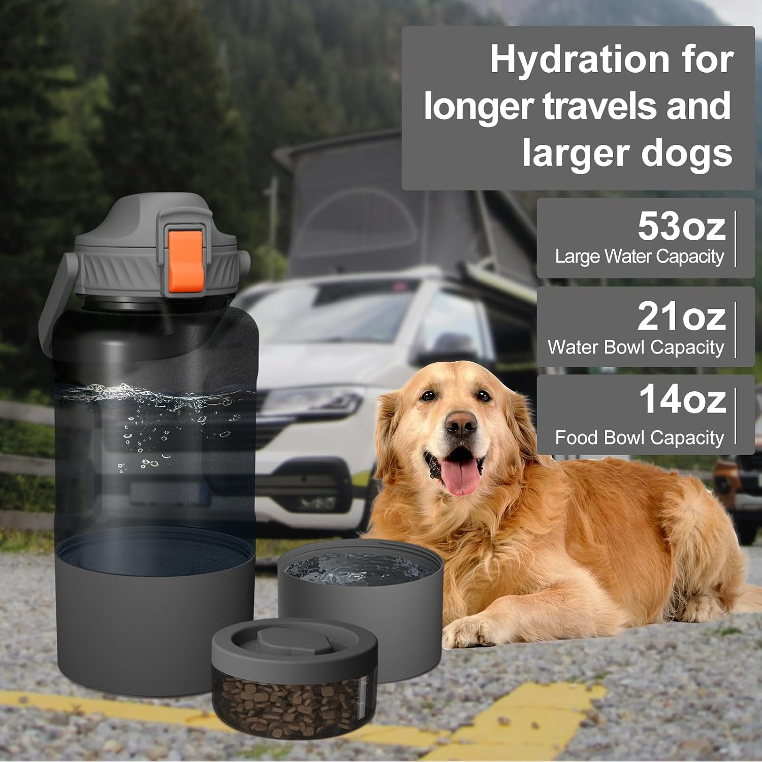 Cibaabo 53oz Large Dog Water Bottle with Water & Food Bowl, 3-in-1 Portable Pet Feeding & Hydration Dispenser for Large Dogs & Humans, Leak-Proof Tritan Bottle for Hiking, Camping, Walking, Car Trips - Image 2
