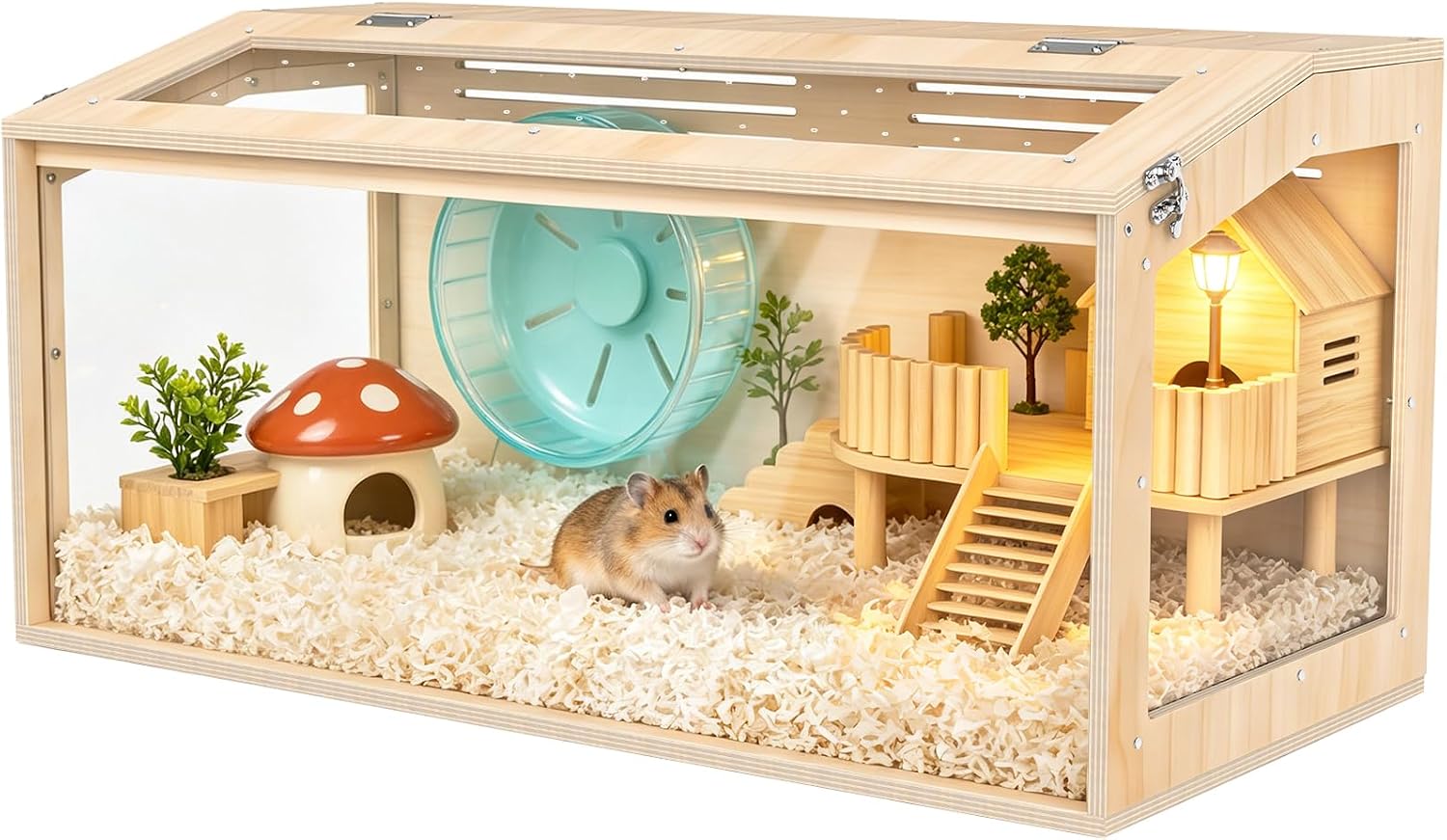 XiaZ Hamster Cage Chewproof,32Inch Large Hamster Cage with Panoramic View and Ventilated Top, Spacious Acrylic Glass Habitat for Syrian Dwarf Hamsters and Degus, Natural Wood Frame Enclosure