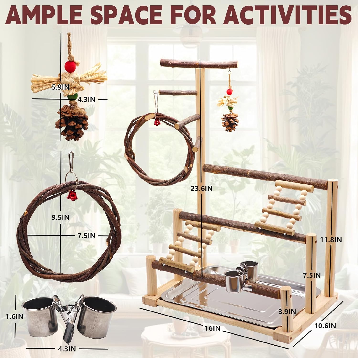 Bird Playground, Natural Wooden Parrot Stand Suitable for Small and Medium Birds, with Feeding Cups, Swing, Chew Toys,Bird Perch Ideal for Parakeets, Budgerigars,Canaries,Conures - Image 2
