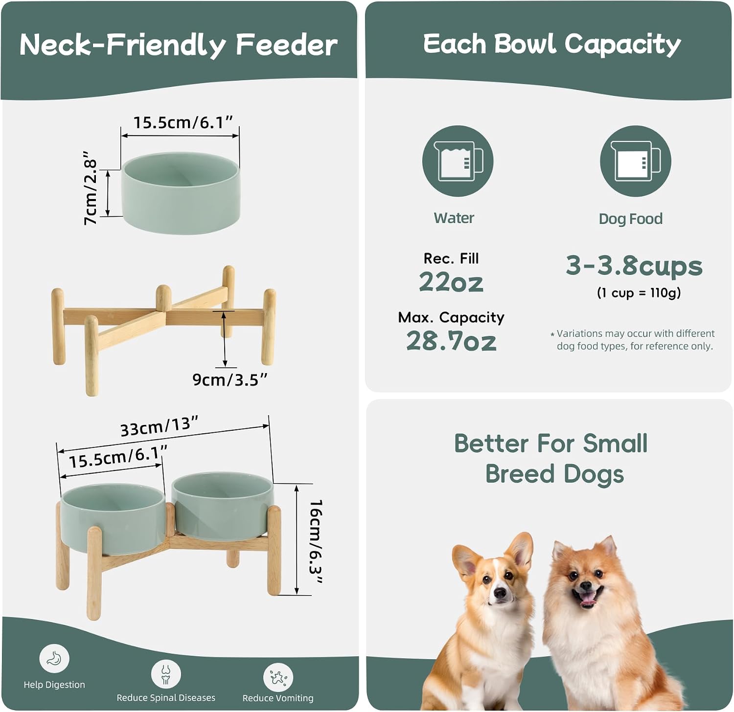 Havniva 6.1inch Ceramic Raised Dog Bowl with Stand, Double Dog Bowls Elevated for Small and Medium Breed Dog Food and Water Bowl Set Non-Slip Dog Dish Large Capacity Feeding Pet Water Bowl - Image 2