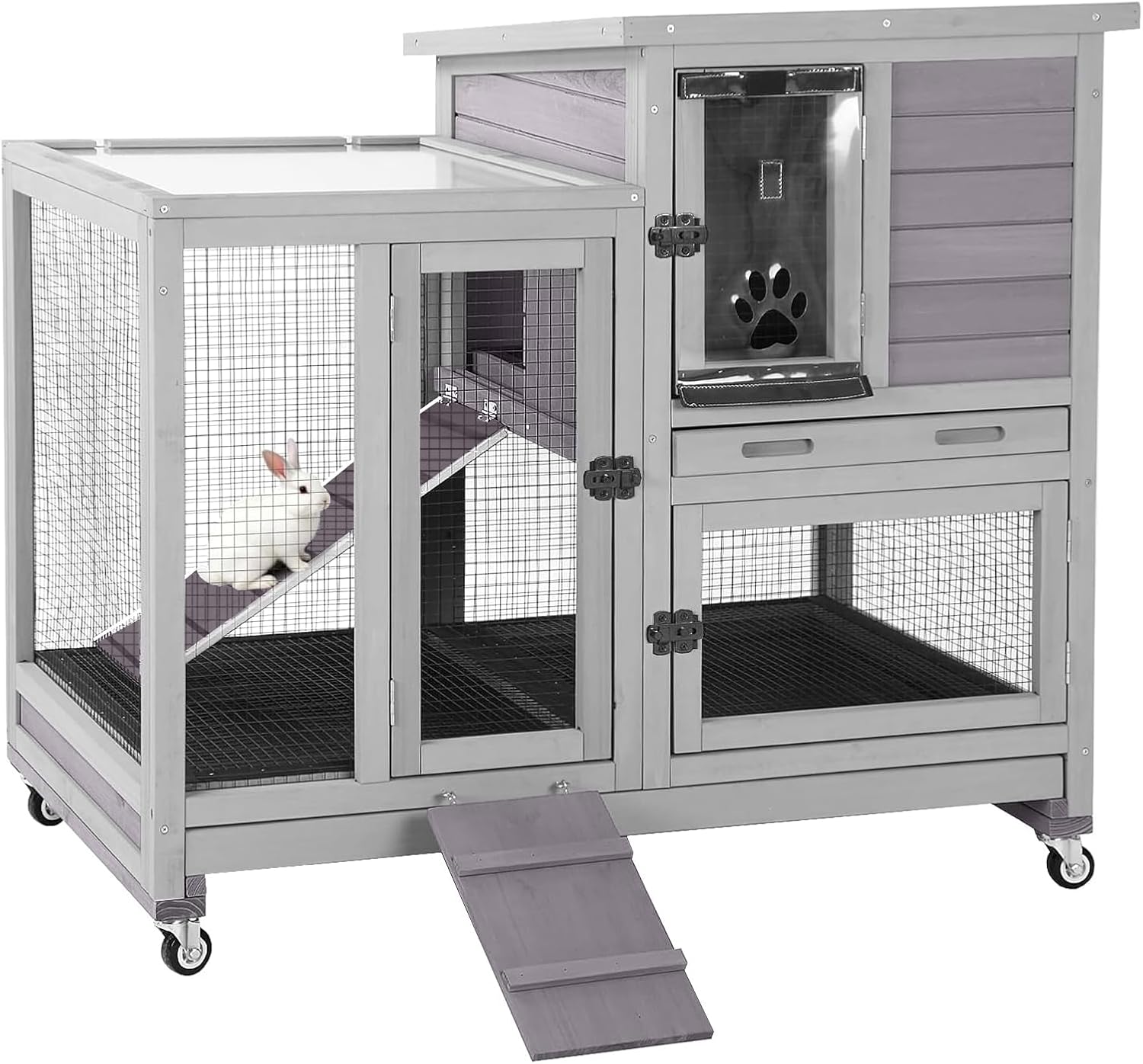 GUTINNEEN Rabbit Hutch Indoor Rabbit Cage with Wire Mesh Floor and Wheels Outdoor Bunny House 2 Story Guinea Pig Cage with Leakproof Asphalt Roof (Higher Version)