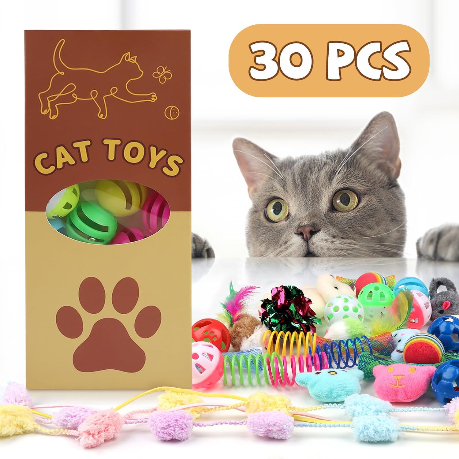 QUOZUO 30 Pcs Cat Toy Kitten Toys Set, Interactive Cat Toy Wand Cat Springs Ball Toy with Bells, Cat Toys for Bored Indoor Cats, Gift Box Styles - Image 7