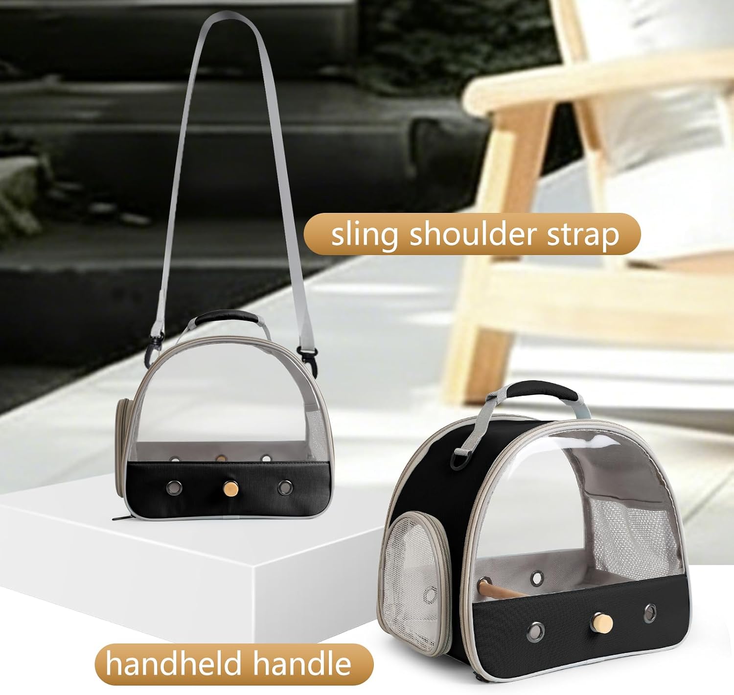 Bird Carrier, Portable Small Bird Parrot Parakeet Carrier with Standing Perch and Stainless Steel Tray, Side Access Window Collapsible (Black, Clear Windows) - Image 4