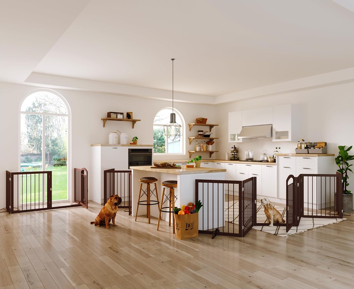 JSB 144-inch Extra Wide 30-inch Tall Dog gate with Door Walk Through, Freestanding Round Tube Pet Gate for Halls Stairs, Puppy Safety Dog Fence with 2PCS Support Feet (Espresso) - Image 6
