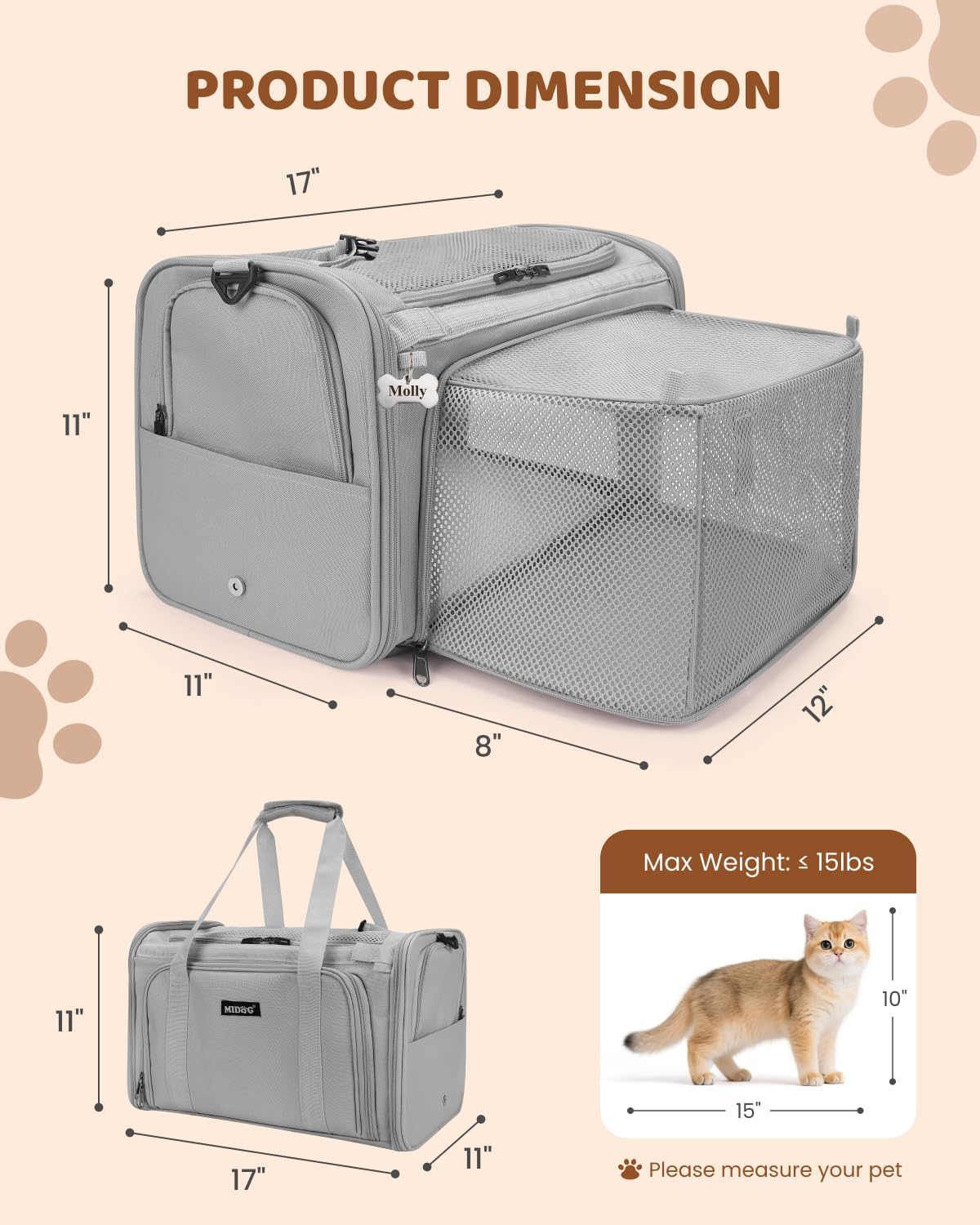 MIDOG Cat Carrier Soft for Small-Medium Cats Up to 15lbs, Airline Approved | Expandable Square Design,Comfort & Breathable Window,Equipped with anti-slip lock zippers and an internal safety leash - Image 8