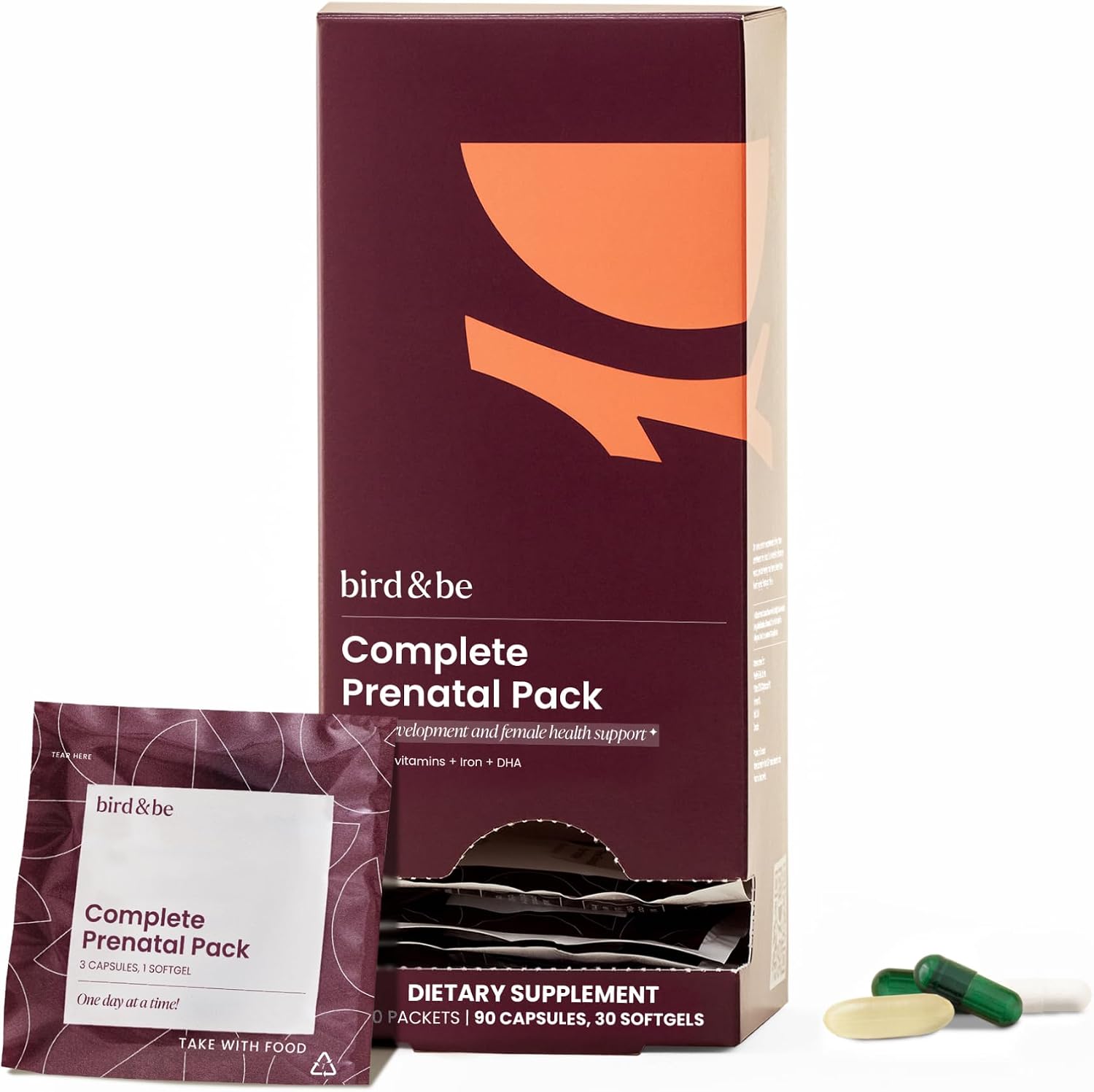 Bird&be Complete Prenatal Vitamins with DHA & Choline | 30 Daily Packs | Methylated Folate (5-MTHF) + Folic Acid + Iron | Doctor-Formulated Pregnancy Support | 24 Bioavailable Nutrients