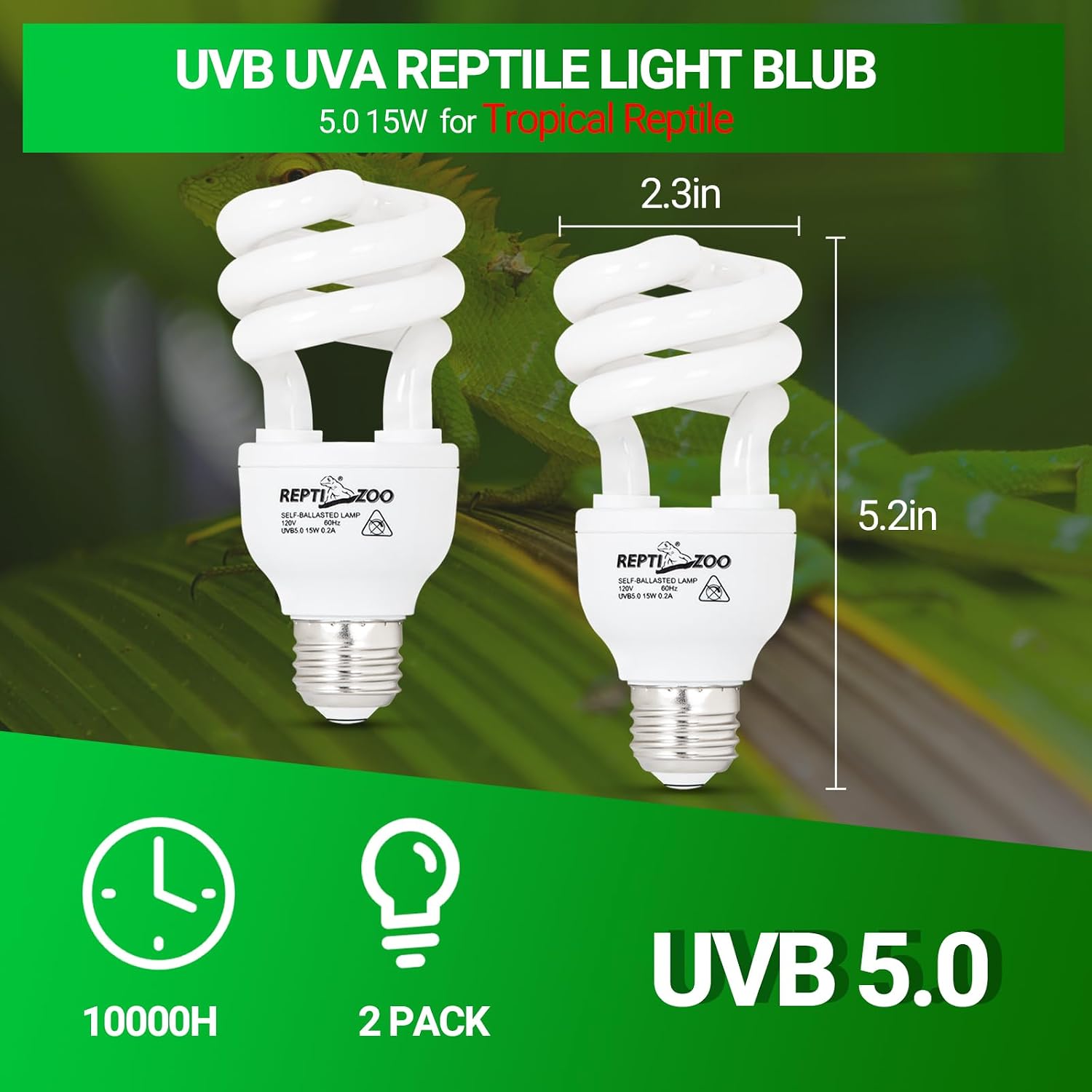 REPTI ZOO UVB Light for Tropical Reptile, 2 Pack 5.0 15W UVA UVB Reptile Light Bulb, UVB Lamp for Crested Gecko Leopard Gecko Frog Toad Snake Chameleon - Image 2