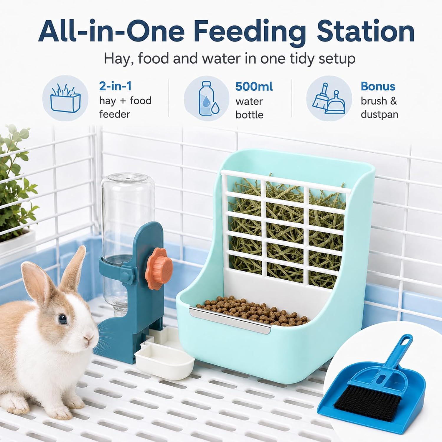HERCOCCI Rabbit Hay Feeder and Water Bottle Set, 500ml Bunny Water Dispenser with Food Bowl, 2-in-1 Hay Rack Feeder for Guinea Pig, Chinchilla, Hedgehog, Small Animals - Image 2