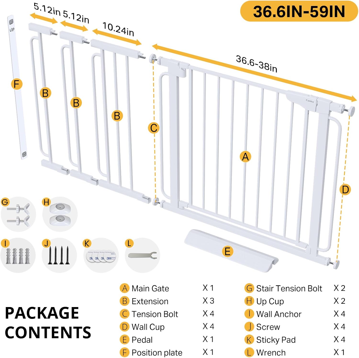Cumbor 36.6-59" Extra Wide Baby Gate for Stairs, Pressure Mounted Dog Gate for Doorways, Auto-Close Easy Walk Through Safety Child Gate for Kids Toddler, Tall Pet Gates Indoor, White - Image 9