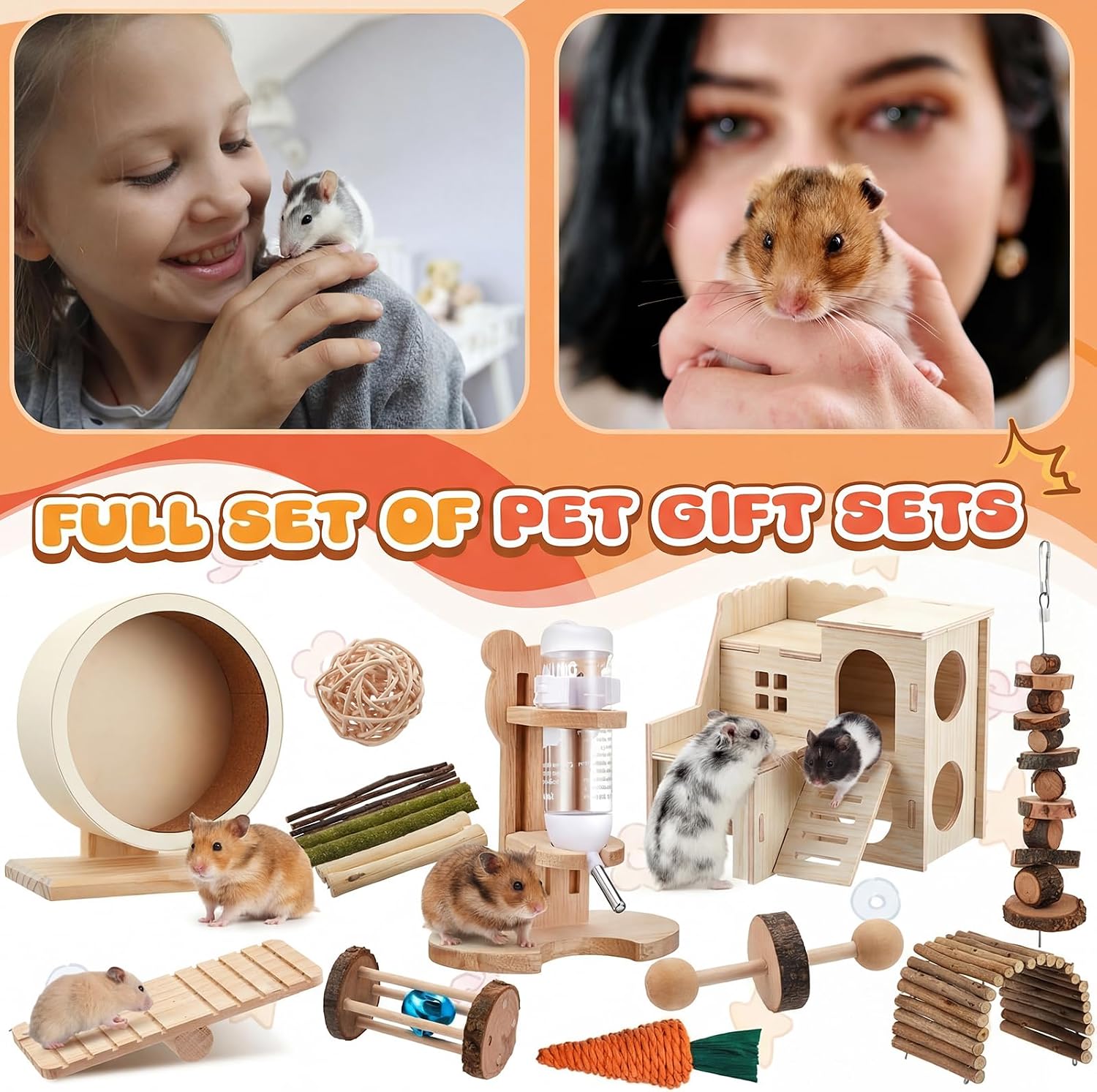 18 Pcs Hamster Cage Accessories, Silent Hamster Wheel, 15 Chew Toys Set, Maze Wood House and Water Bottle Set for Rat Mice Small Animals Habitat (Harmony Wooden Style) - Image 6
