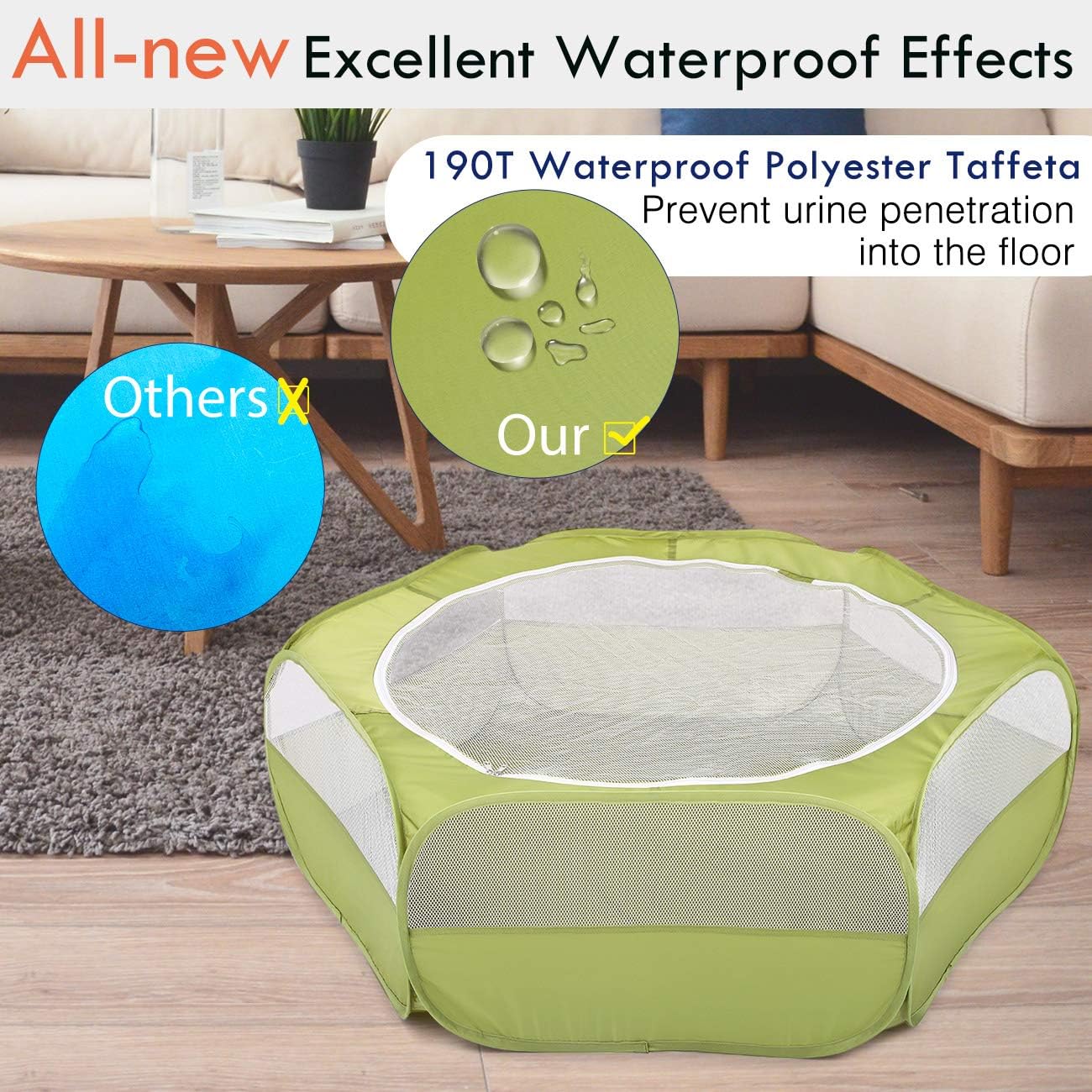Pawaboo Small Animals Playpen, Waterproof Small Pet Cage Tent with Zippered Cover, Portable Outdoor Yard Fence with 3 Metal Rod for Chick/Kitten/Puppy/Guinea Pig/Rabbits/Hamster/Chinchillas,Green - Image 4