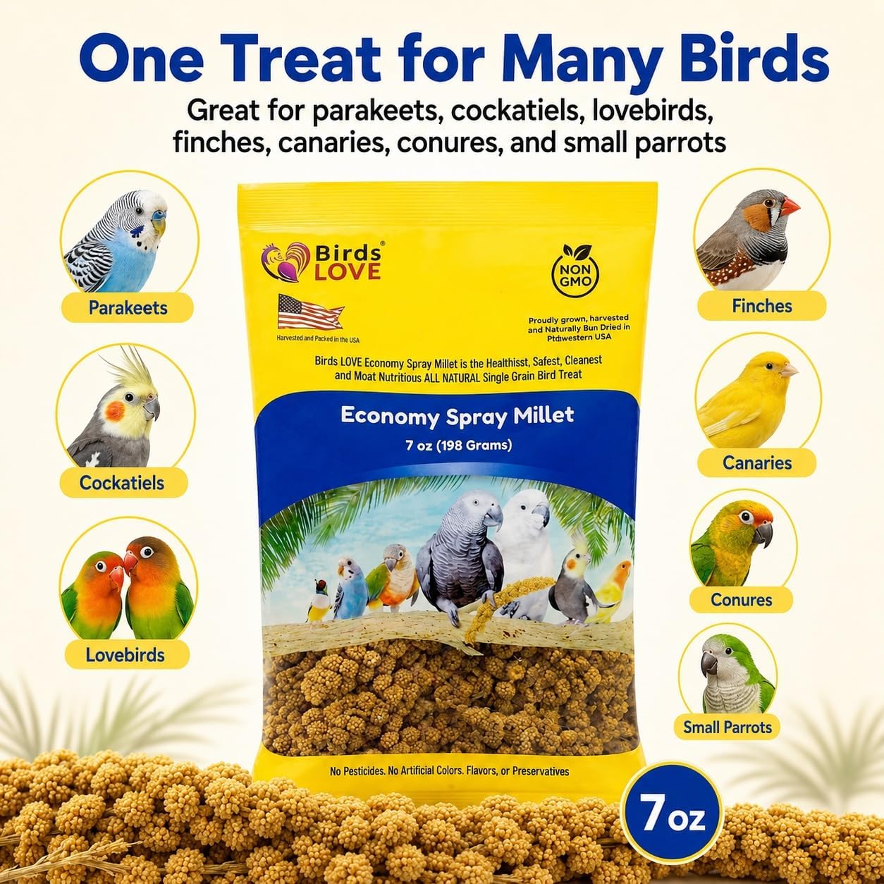 Birds LOVE® Economy Spray Millet for Birds, 7 oz, GMO-Free Natural Millet Spray Treat, Stem-Reduced Edible Tops, Grown in USA, for Parakeets, Cockatiels, Lovebirds, Finches, Canaries -Pack of 2 - Image 7